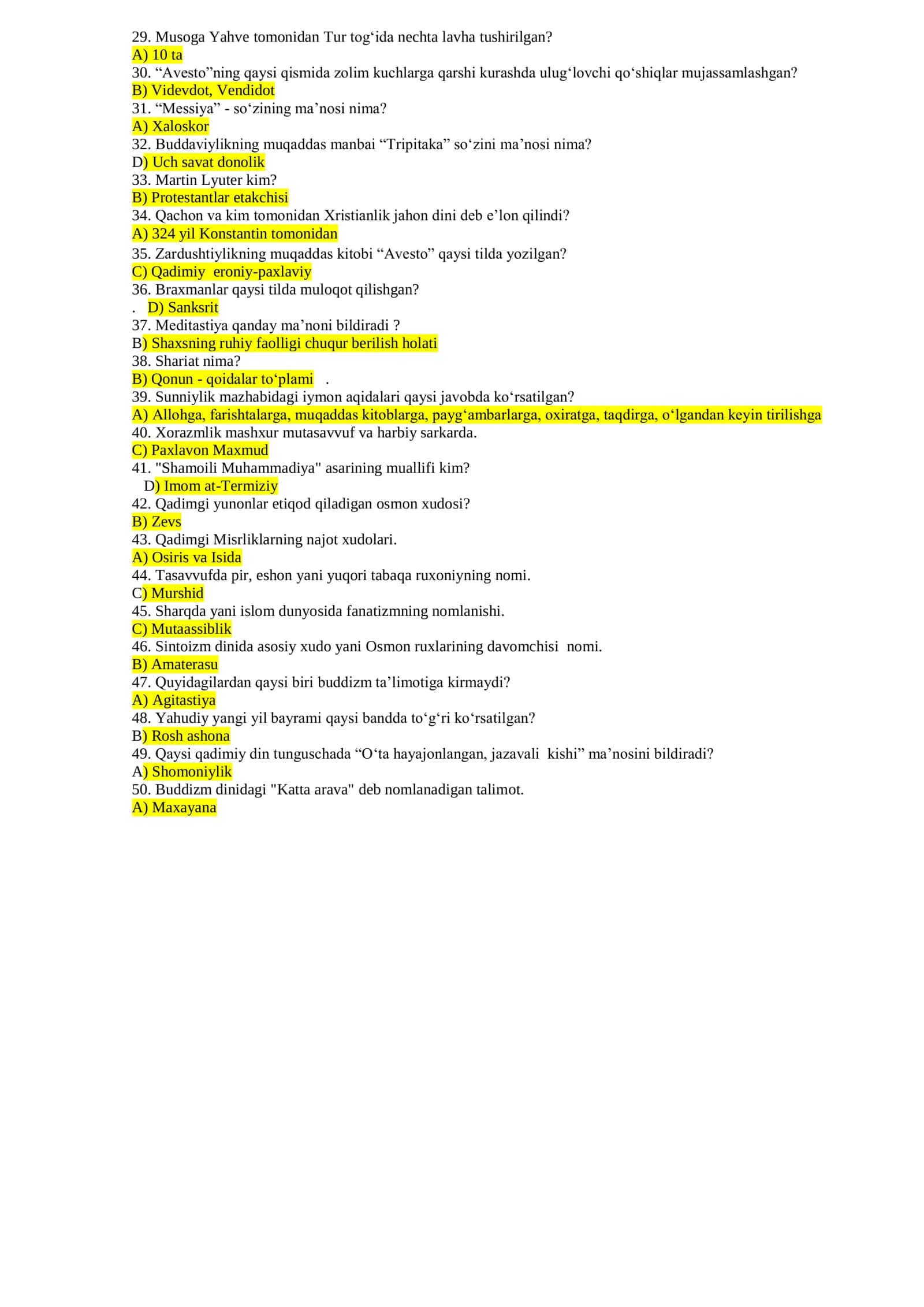 dinshunoslik fanidan testlar to'plami 2