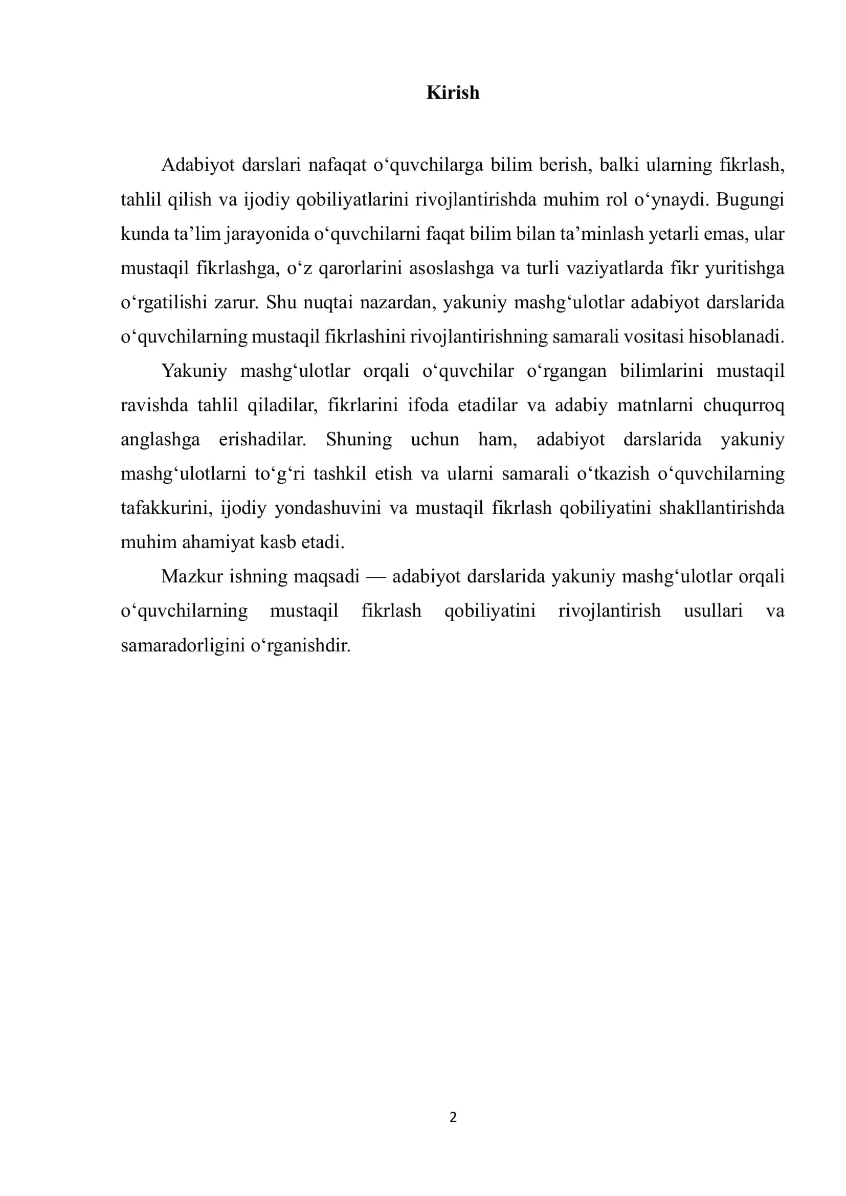 Yakuniy mashg‘ulotlar adabiyot darslarida 2