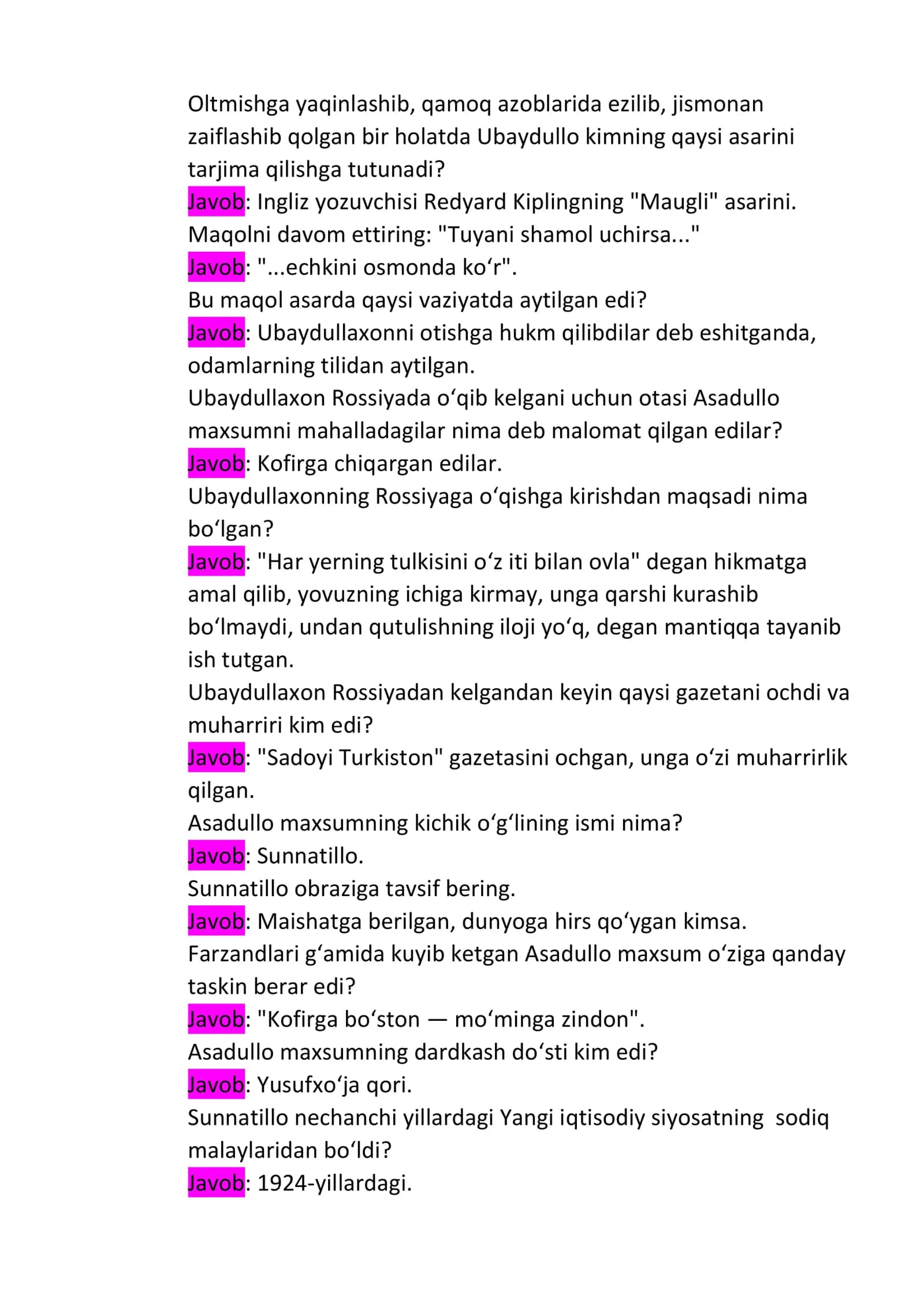 "Tirik ruhlar" romani asosida savol-Javoblar 2