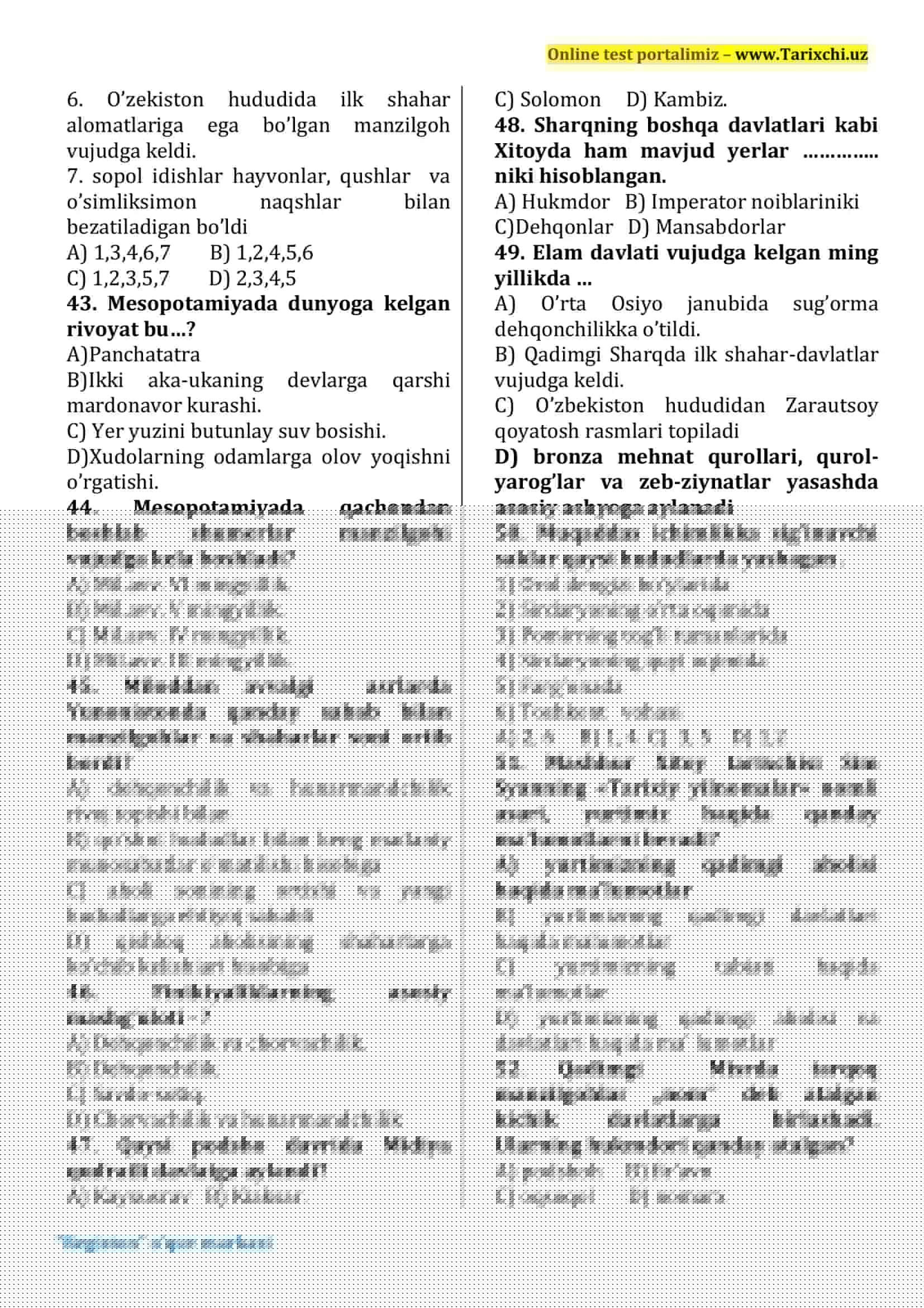 Tarix sinov test 6-sinf 2