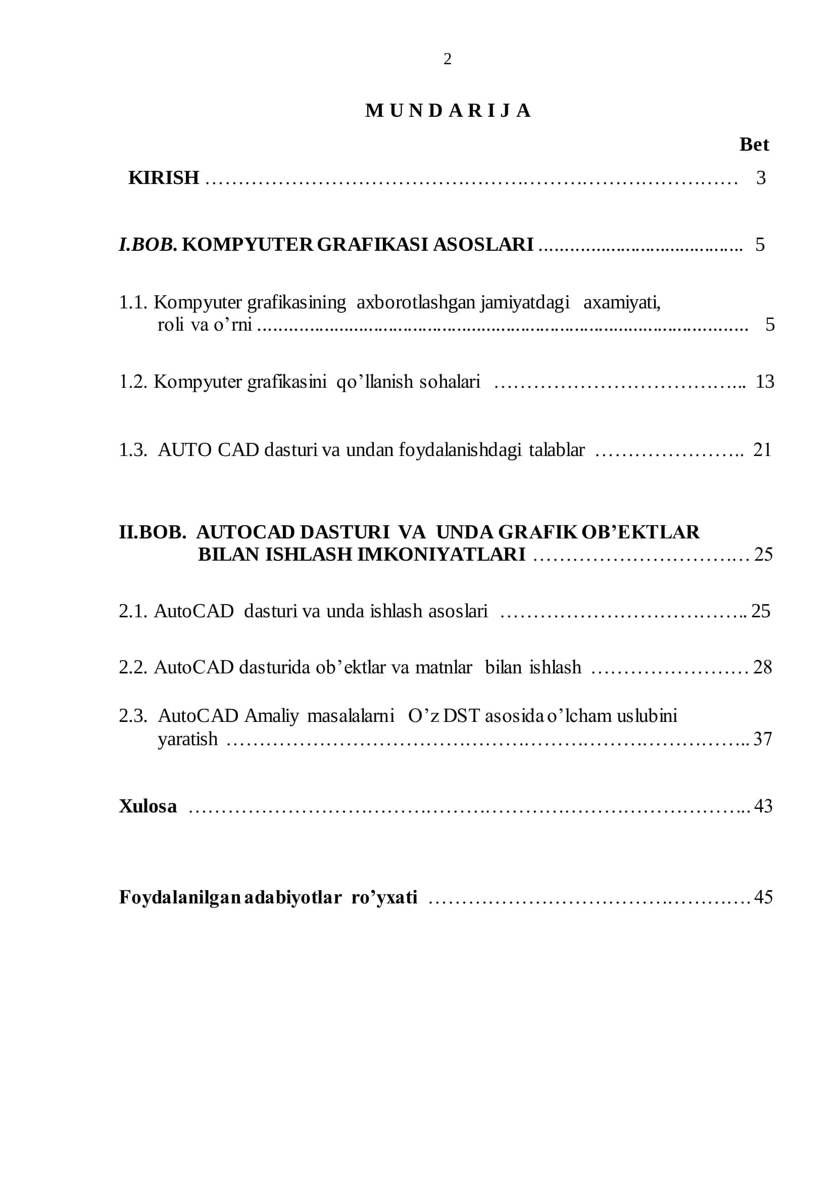 O‘ZBEKISTON RESPUBLIKASI OLIY VA O’RTA MAXSUS TA’LIM VAZIRLIGI GULISTON DAVLAT UNIVERSITETI AMALIY MATEMATIKA VA INFORMATIKA KAFEDRASI Sultonov Sarvarning 5480100 – “Amaliy matematika va informatika” ta’lim yo’nalishi bo’yicha bakalavr darajasini olish uchun “Amaliy masalalarni echishda Auto CAD dasturi imkoniyatlaridan foydalanish” mavzusidagi 2
