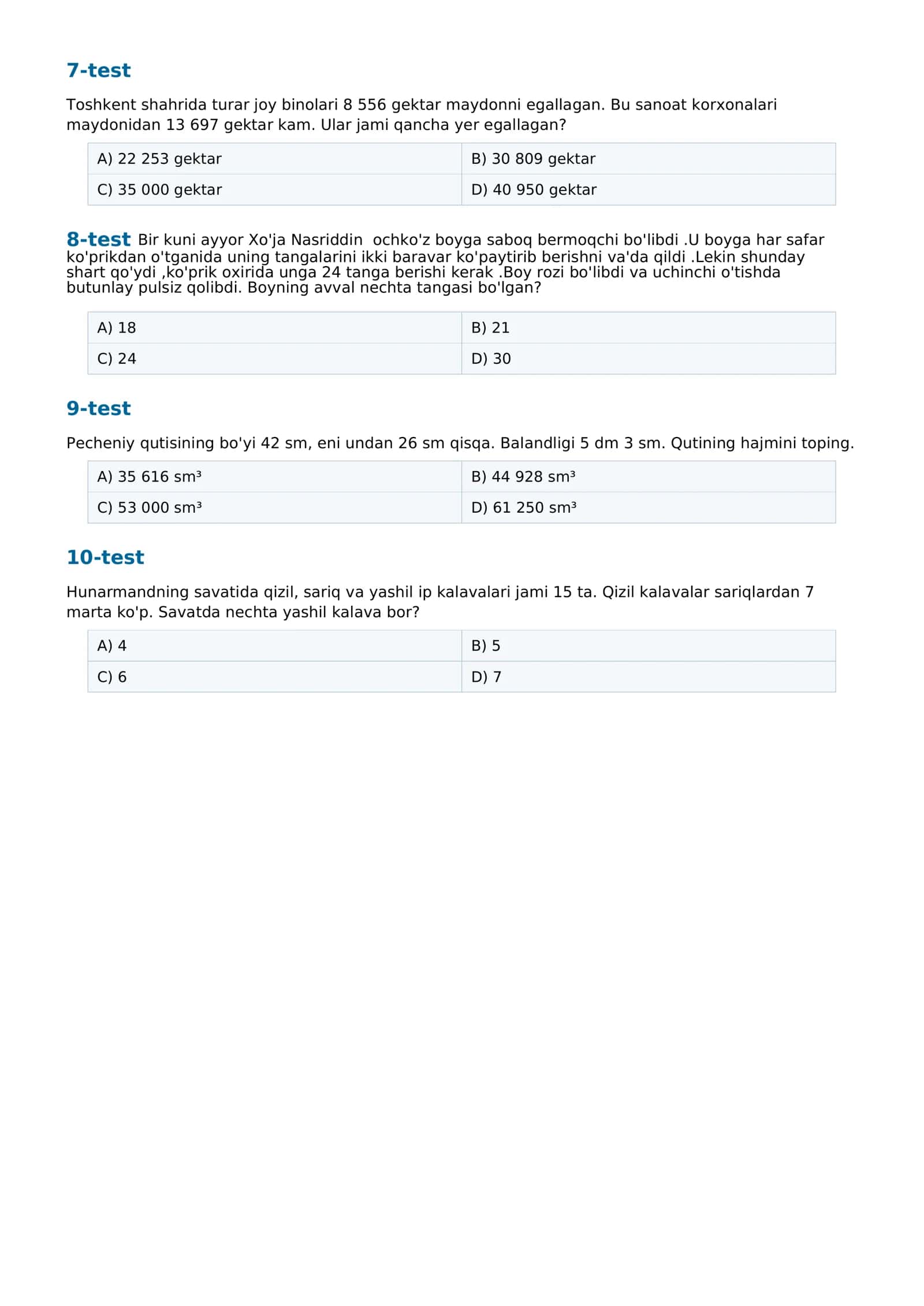 4-SINF UCHUN MANTIQIY MATEMATIKA TESTLARI 2