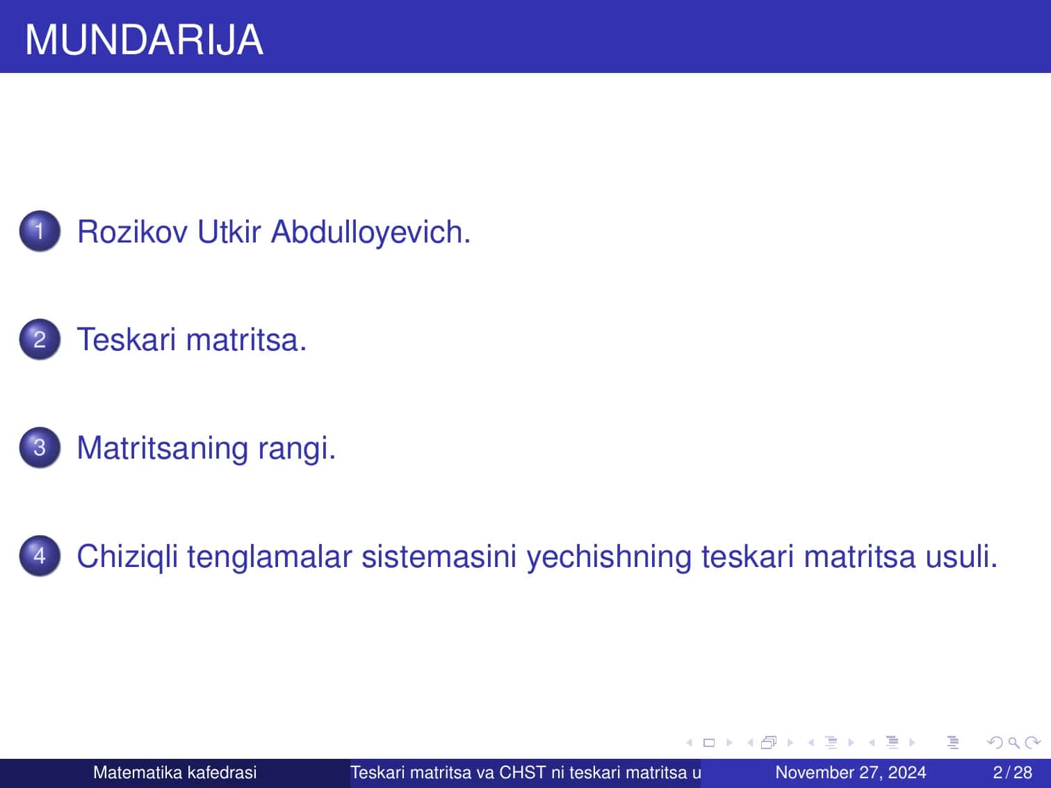 Teskari Matritsa va Chiziqli Tenglamalar Sistemasi 2