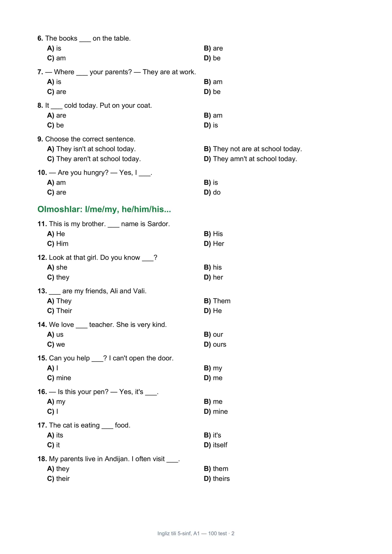 Ingliz tili 5-sinf, A1 — 100 test · 1 2