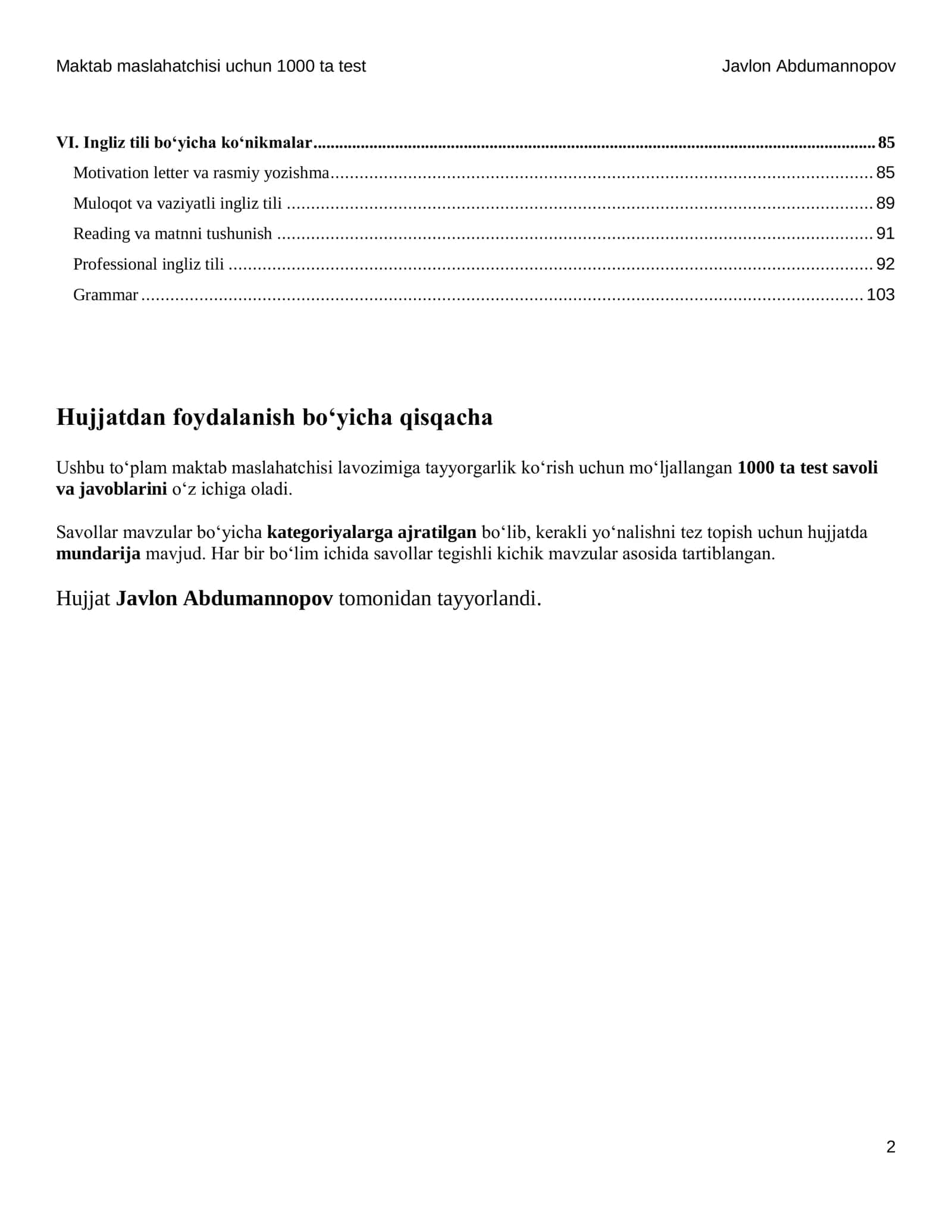 Maktab maslahatchisi uchun 1000 ta savollar javoblari bilan (2026) 2