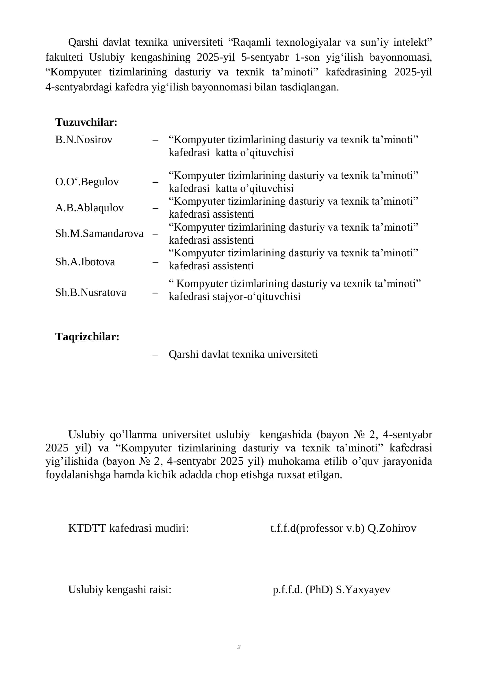 Kompyuter Tizimlarining Dasturiy va Texnik Ta’minoti 2