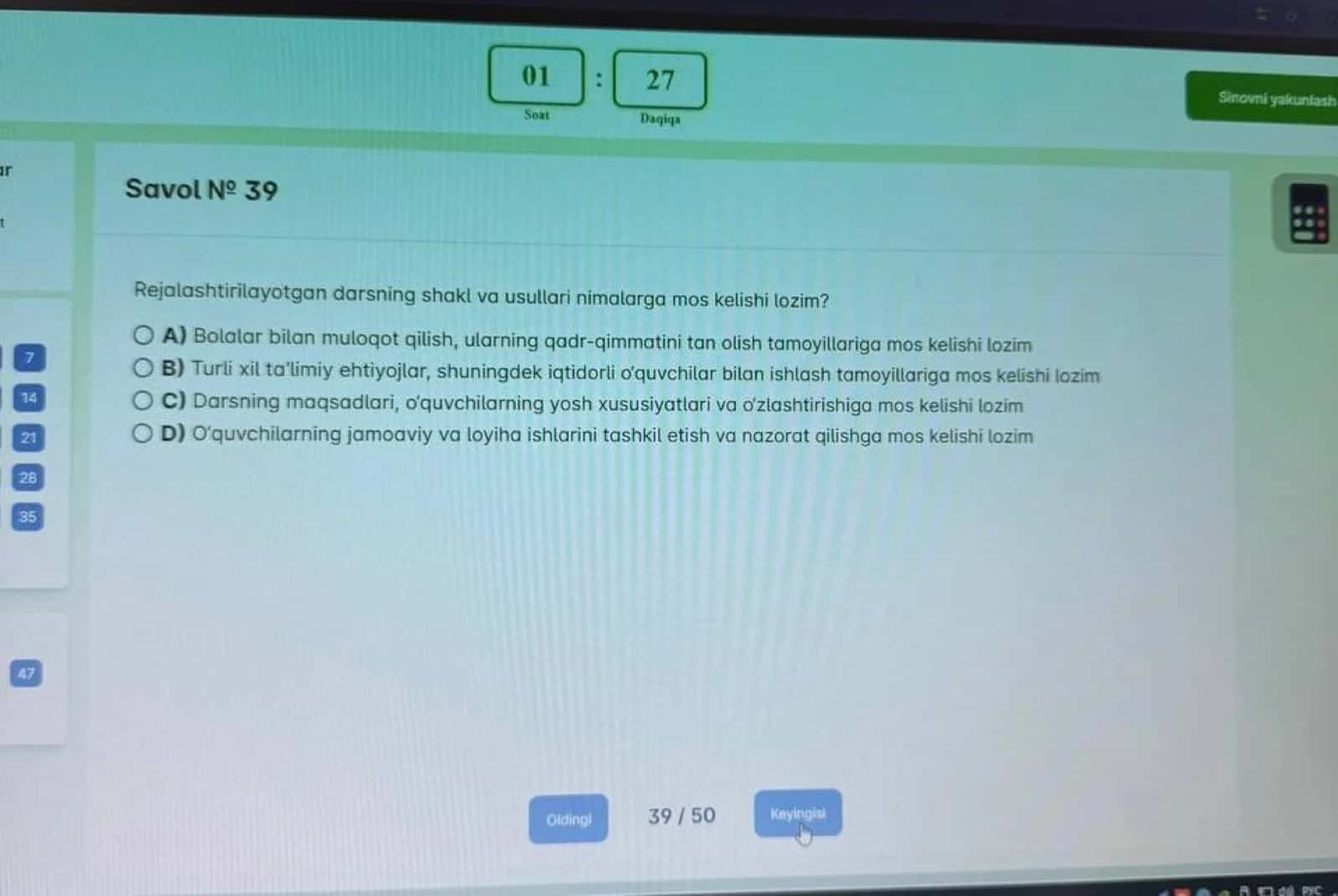 Boshlang'ich sinf pedagogik mahorat attestatsiyada tushgan savollar 2024 2