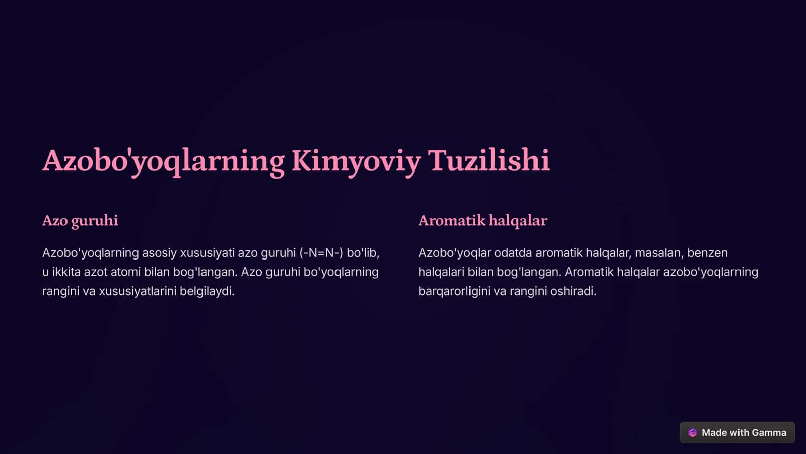 Azobo'yoqlar: Kimyo va Biologiyadagi Rol 2
