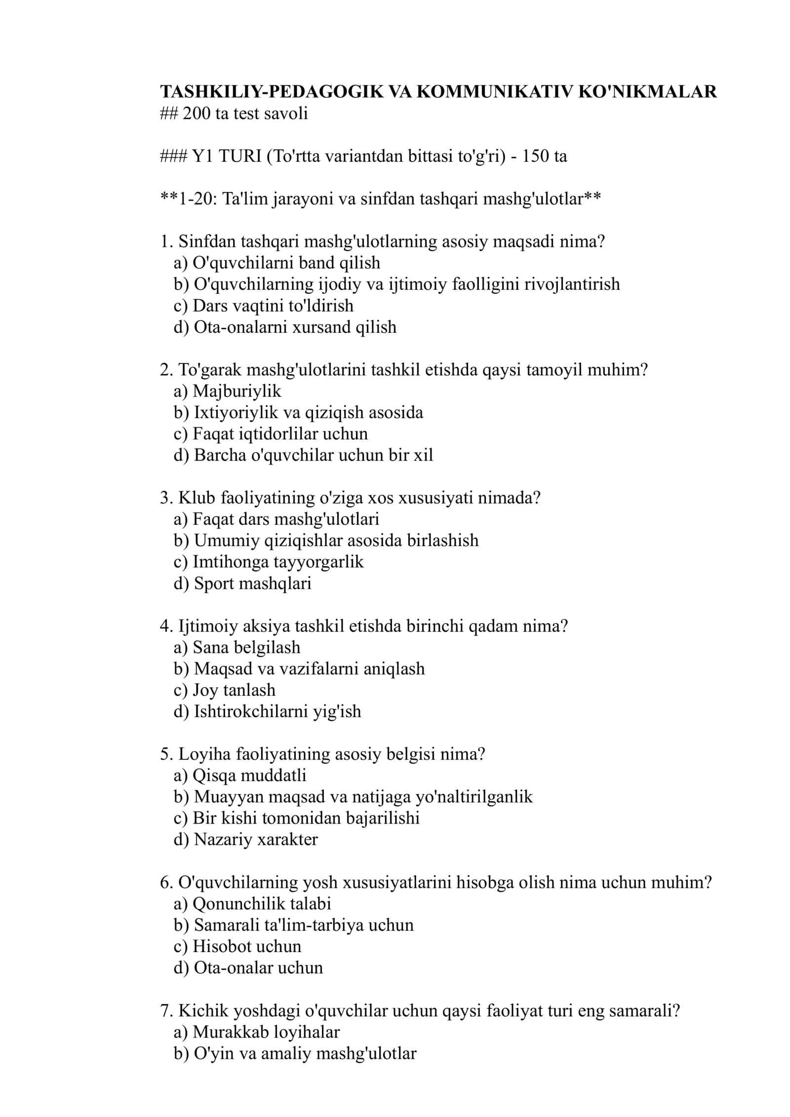 2026 Maktab maslahatchilari uchun test savollari 2