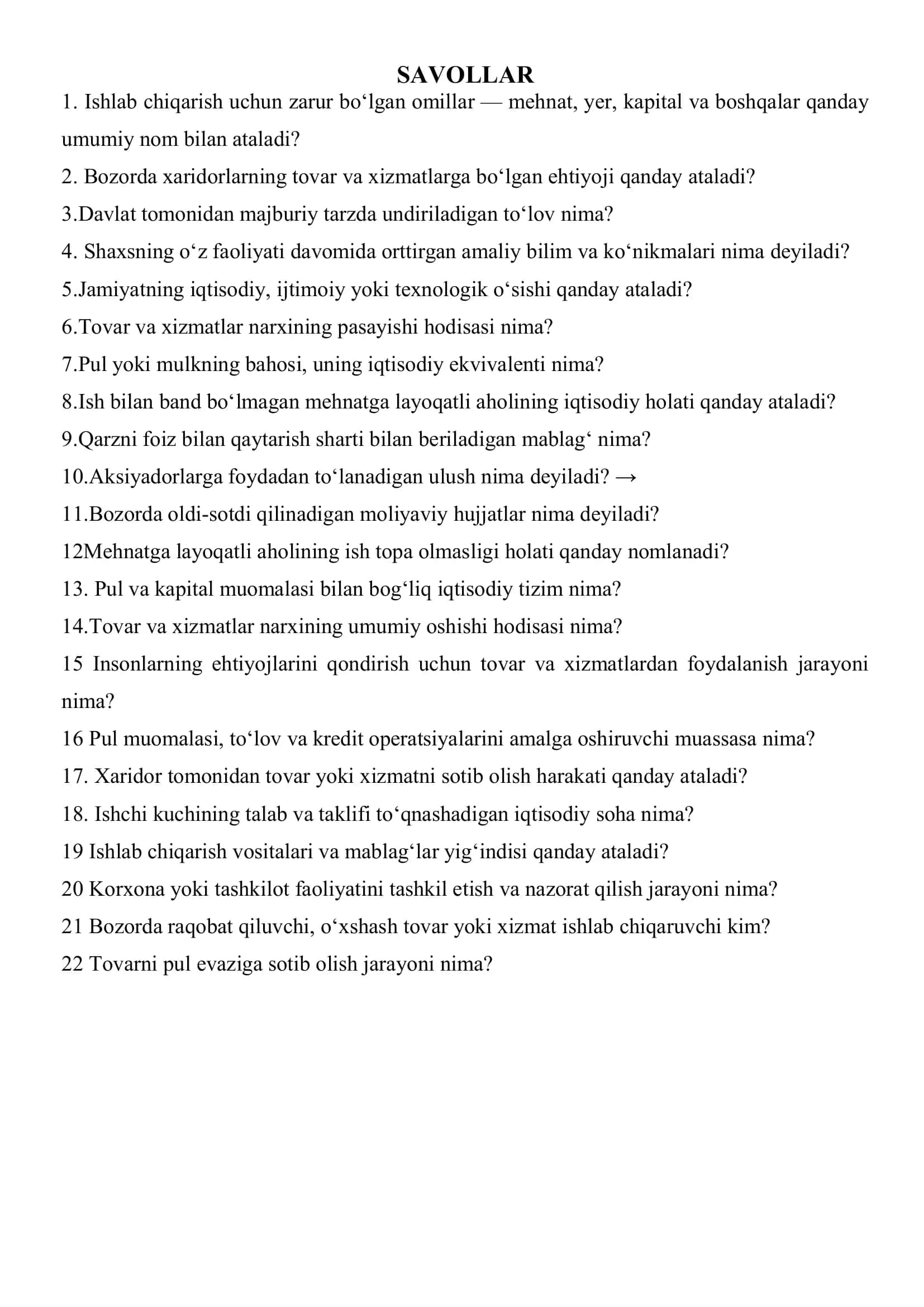 KRASVORD  IQTISODIYOT 2