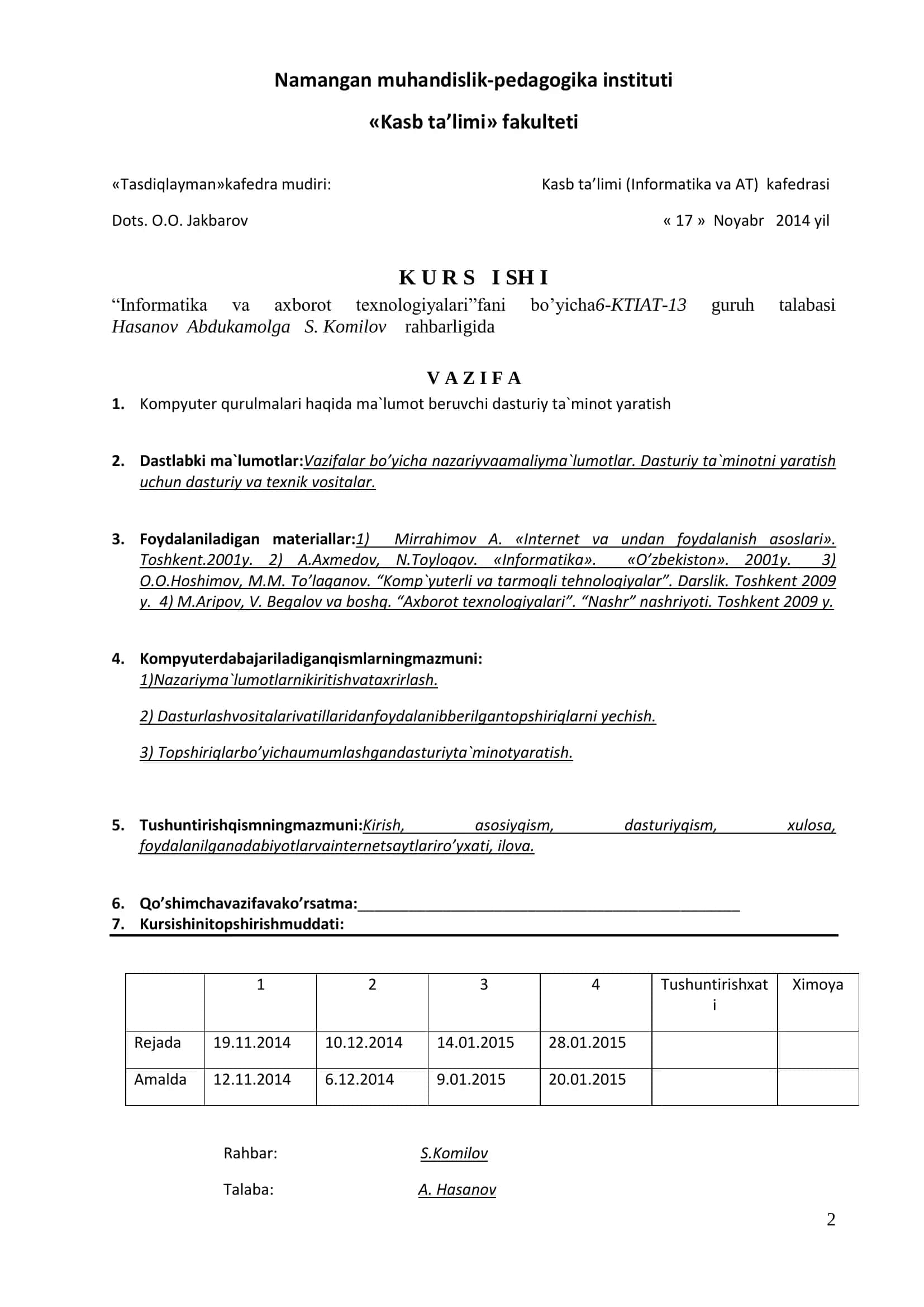 Kurs ishi "Informatika va axborot texnologiyalari" fani bo’yicha 2