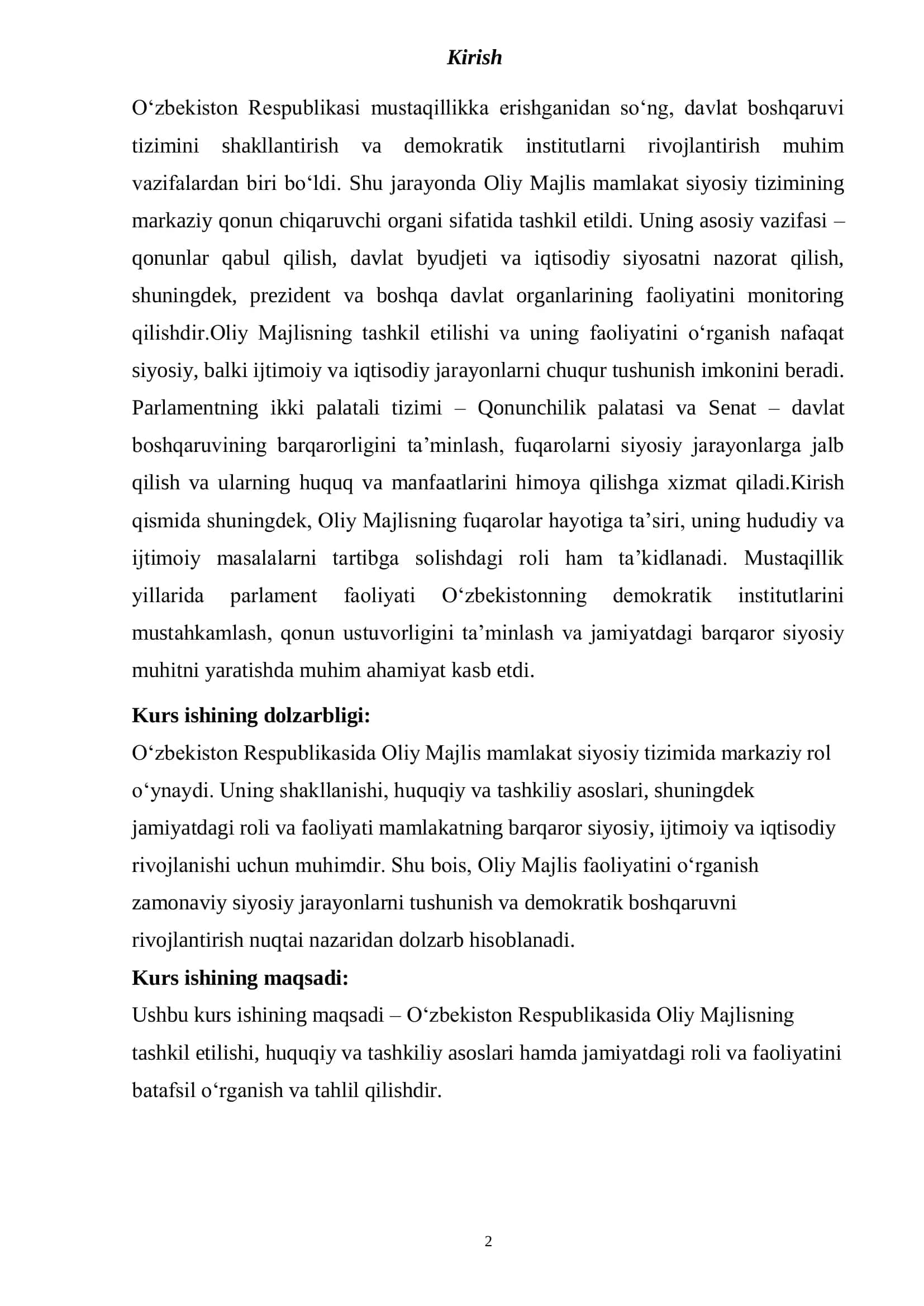 Oʻzbekiston Respublikasi Oliy Majlisining shakllantirilishi. 2