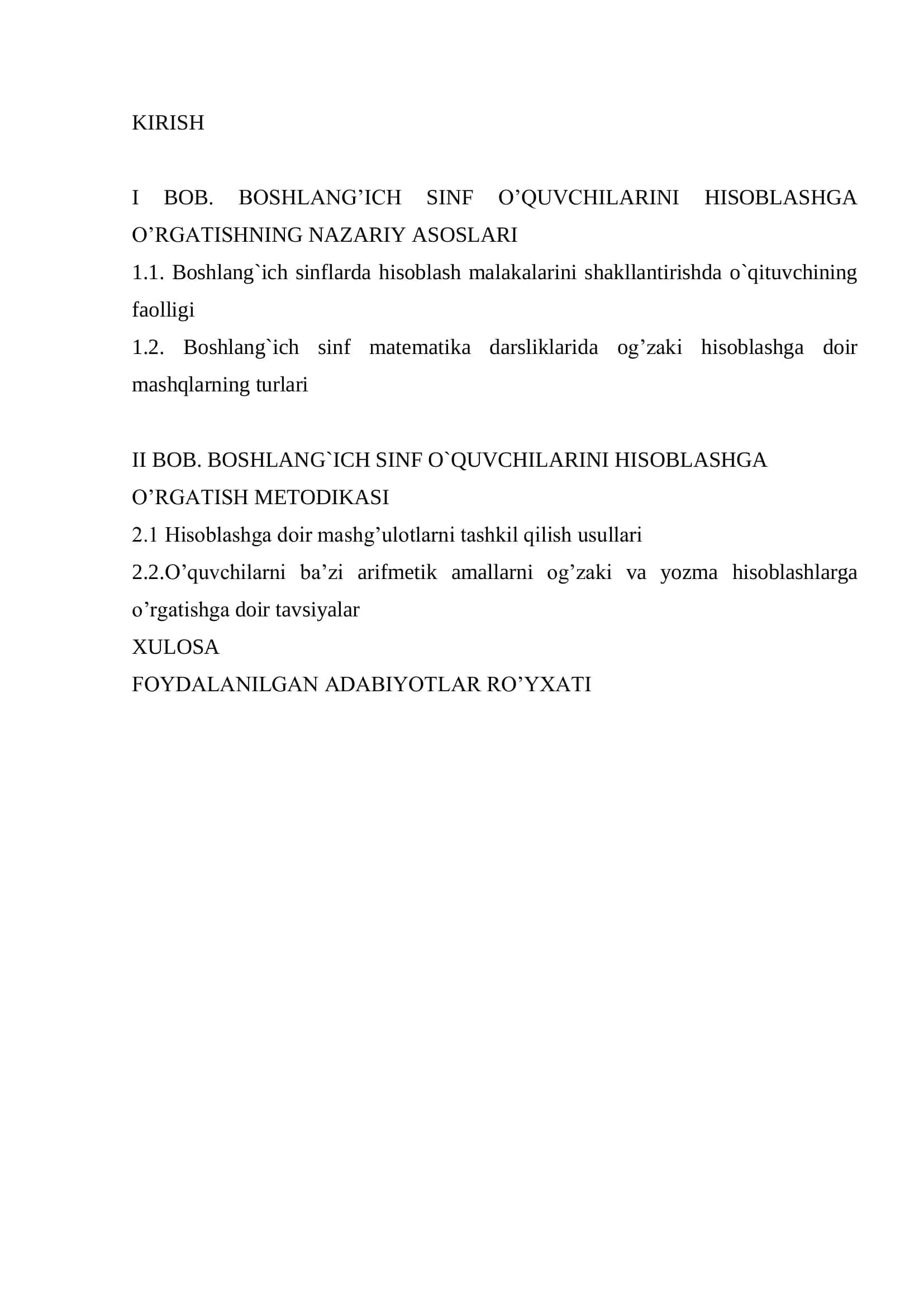 BOSHLANG’ICH SINF O’QUVCHILARINI HISOBLASH USULLARIGA O’RGATISH METODIKASI 2