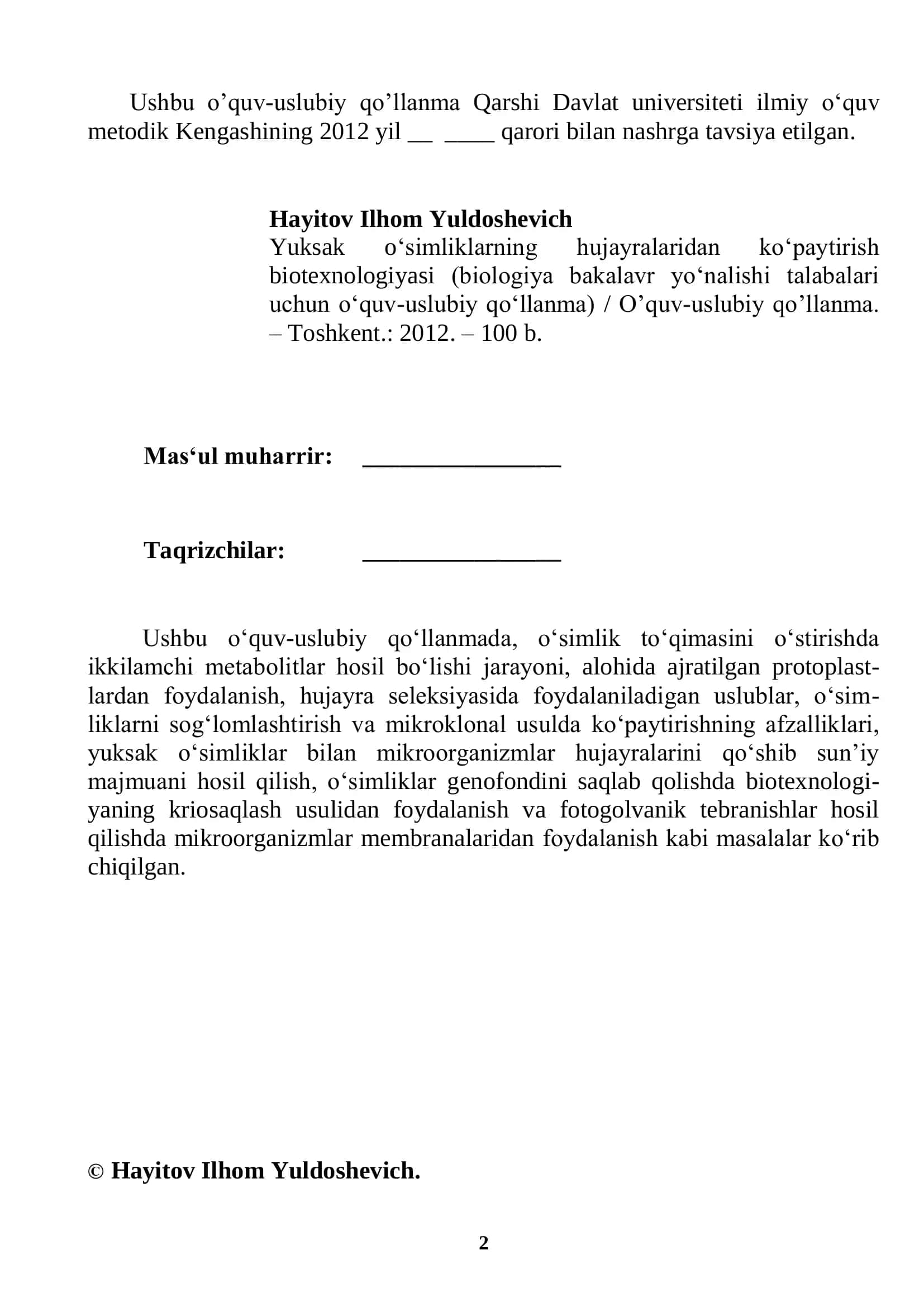 Yuksak o‗simliklarning hujayralaridan ko‗paytirish biotexnologiyasi 2