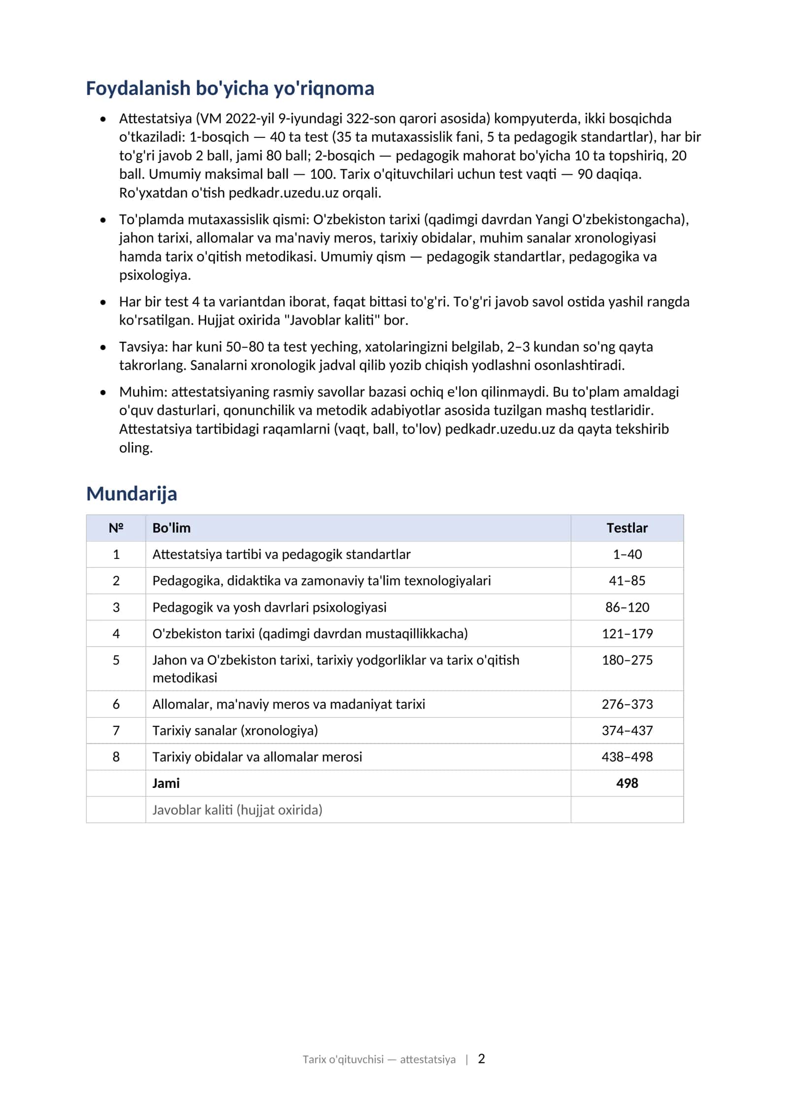 TARIX O'QITUVCHISI attestatsiyasi uchun test savollari to'plami (2025–2026) 498 ta test 2