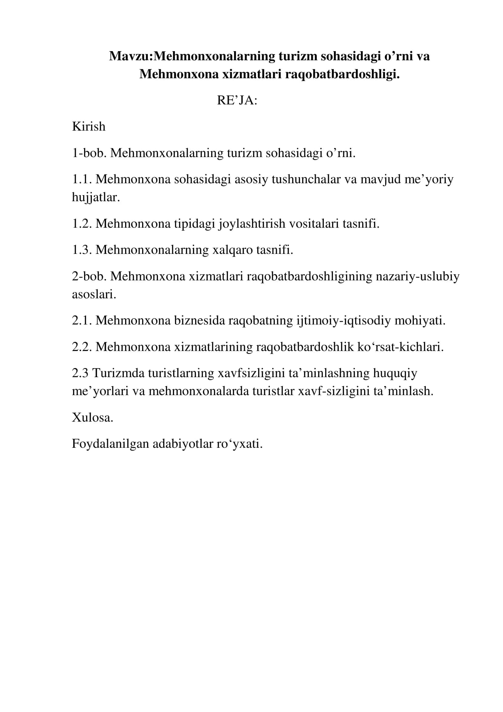 Turizmda operatorlik xizmati tashkil etish asoslarifanidan 2