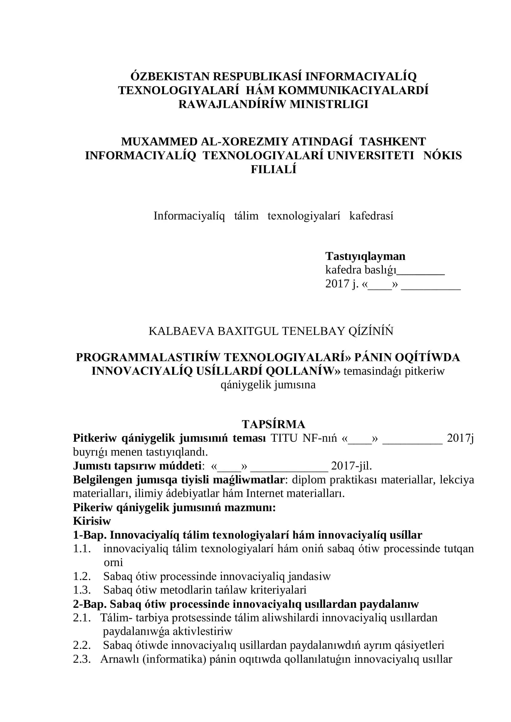 PROGRAMMALASTIRIW TEXNOLOGIYALARI 2