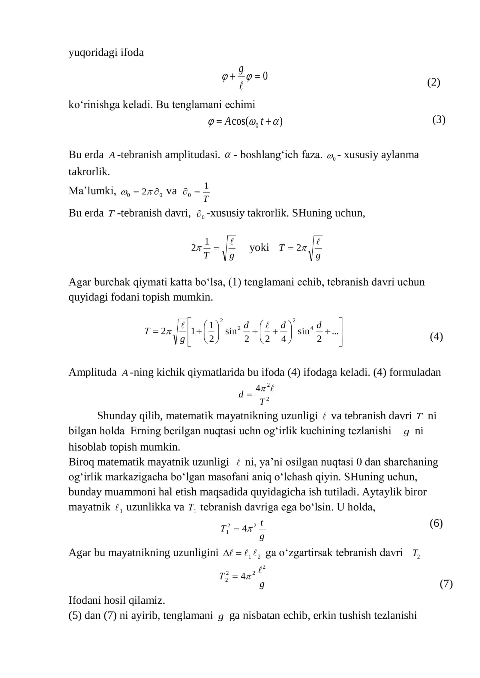 Matematik mayatnik yordamida erkin tushish tezlanishini aniqlash. 2