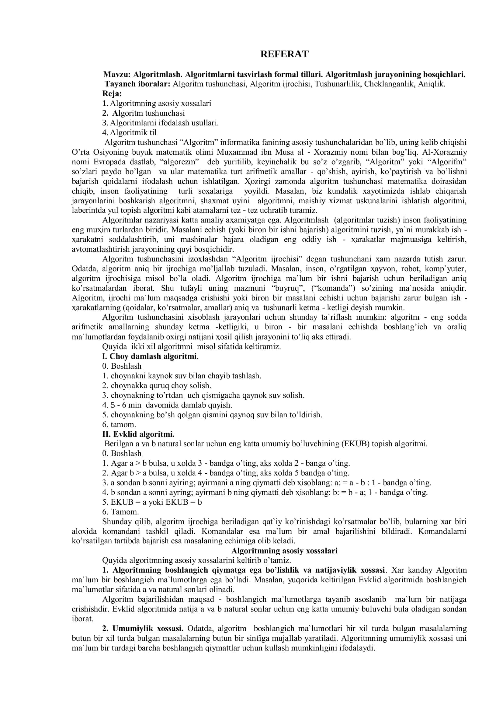 REFERAT Mаvzu: Аlgоritmlаsh. Аlgоritmlаrni tаsvirlаsh fоrmаl tillаri. Аlgоritmlаsh jаrаyonining bоsqichlаri 2