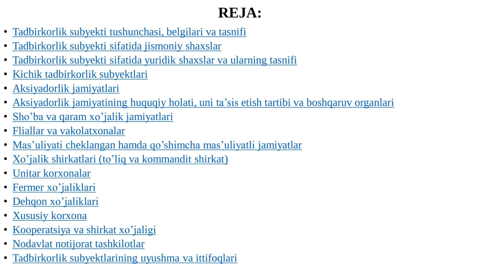 TADBIRKORLIK SUBYEKTLARI VA ULARNING TURLARI 2