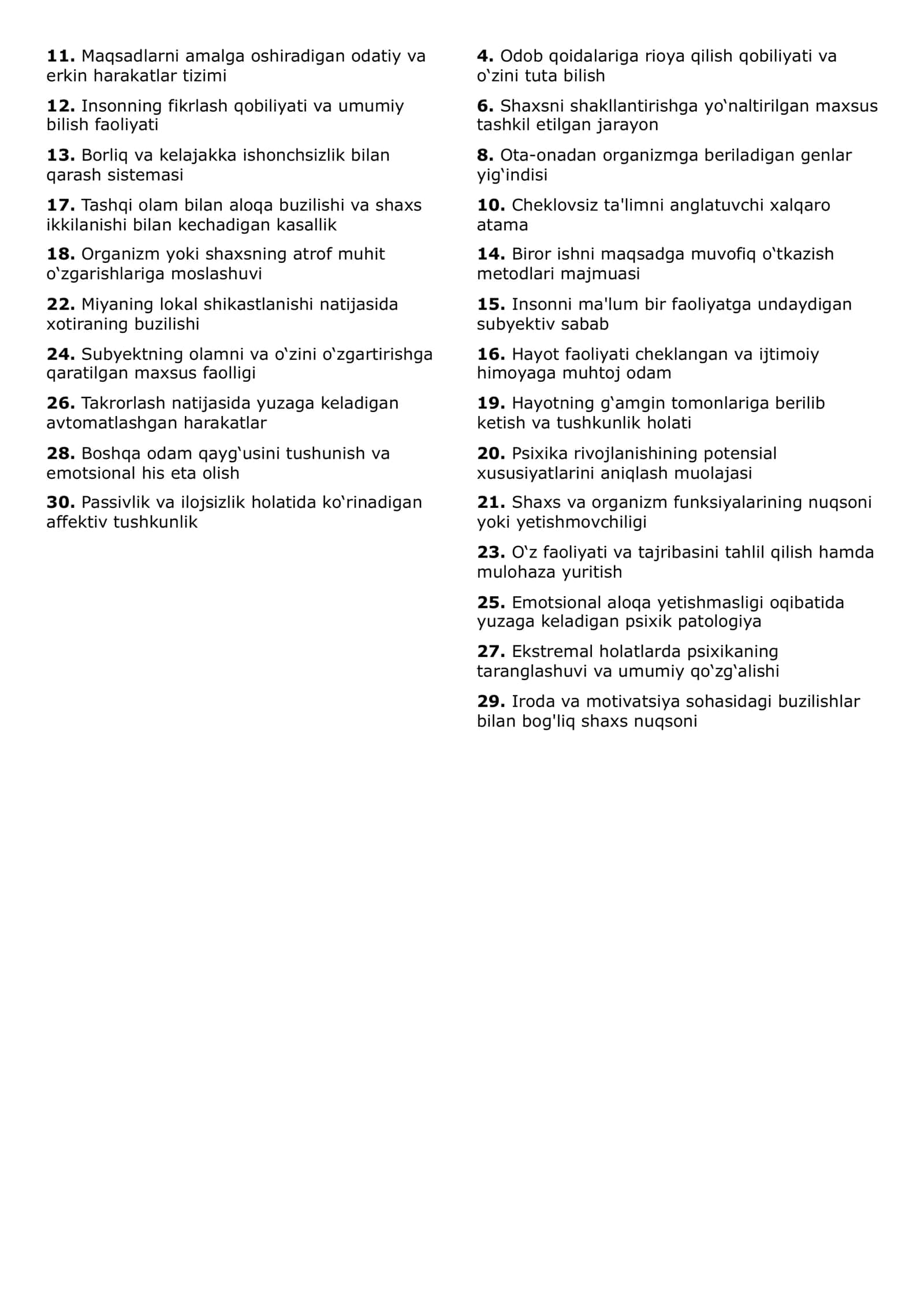 Inklyuziv ta'lim. Gospital pedagogika. Krossword 2