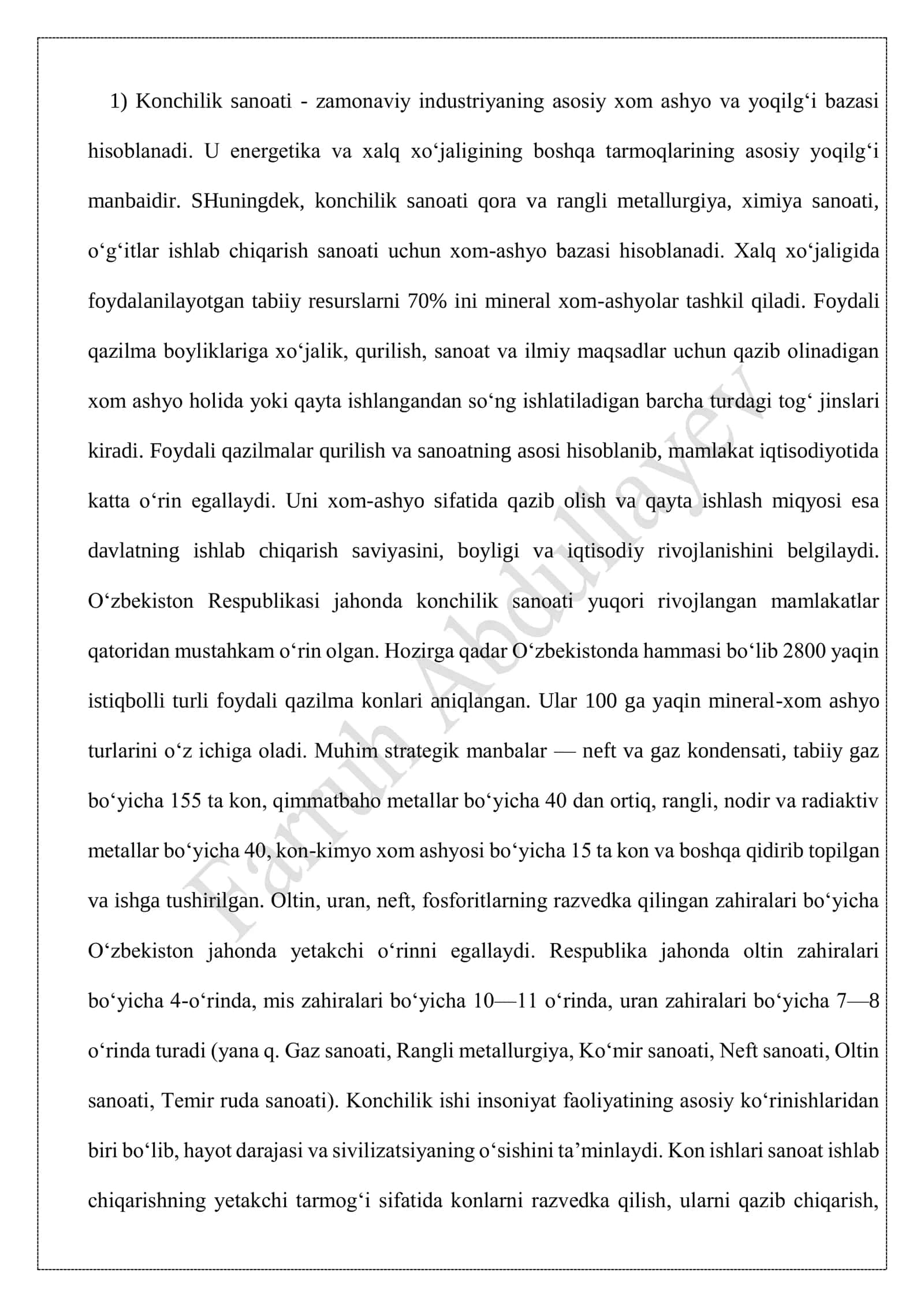 O’zbekistonda konchilik sanoatining o’rni va ahamiyati 2