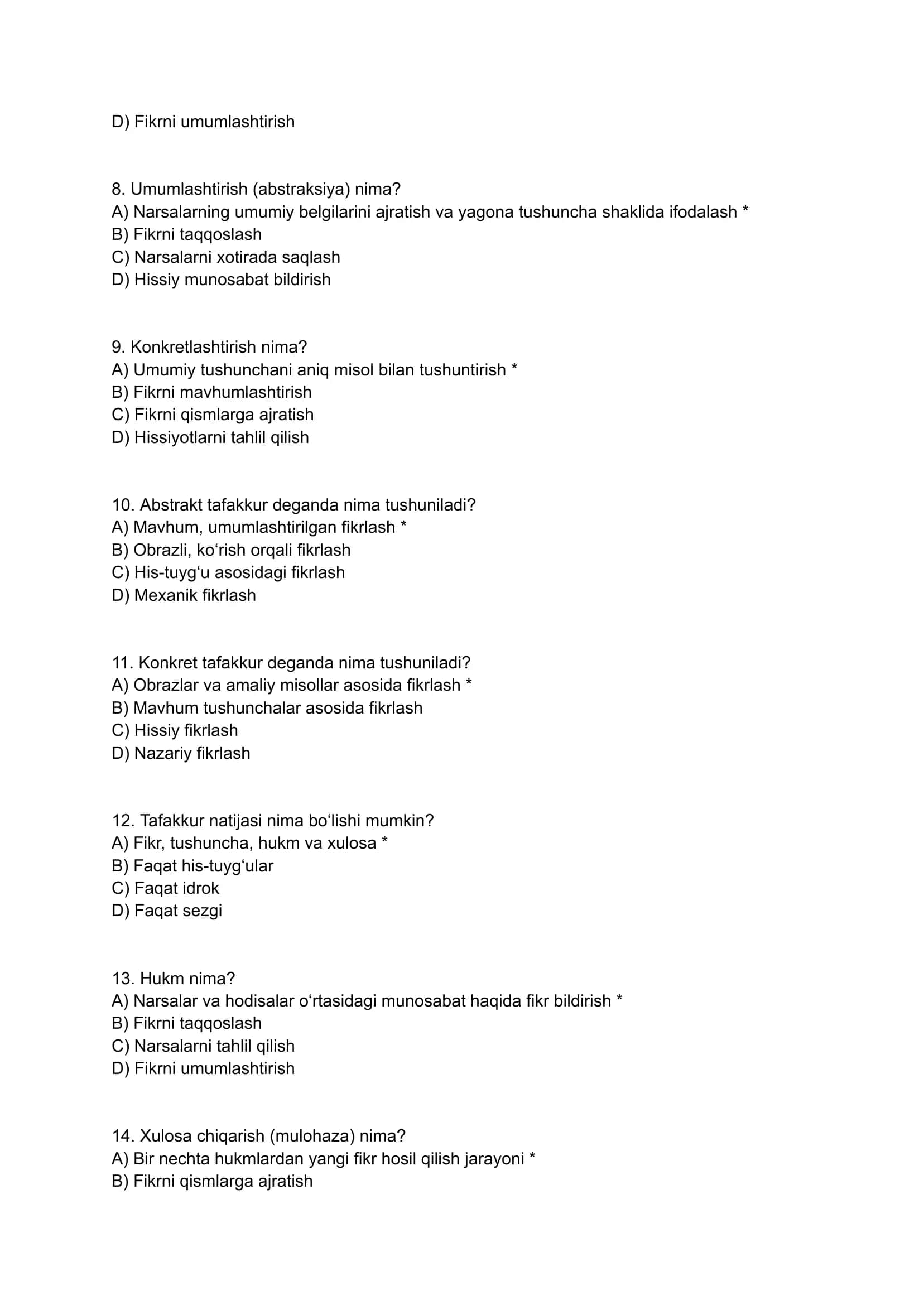 Tafakkur Operatsiyalari – Testlar 2