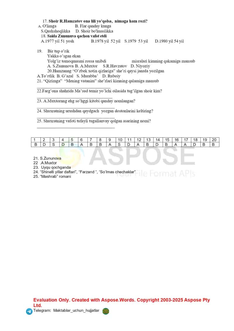Adabiyot 7-sinf chorak test 2