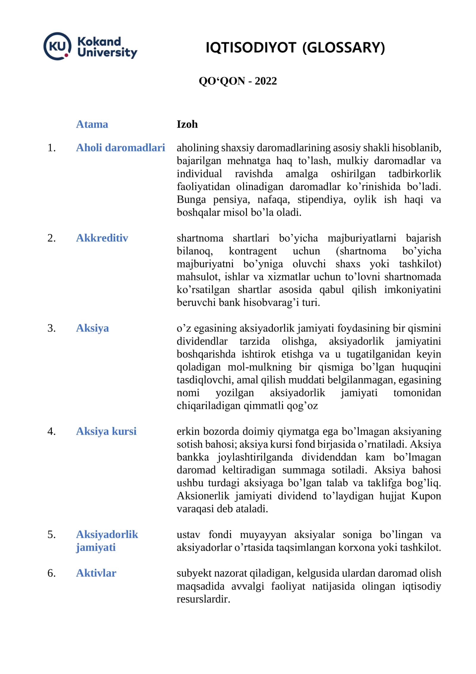 IQTISODIYOT (GLOSSARY) 2