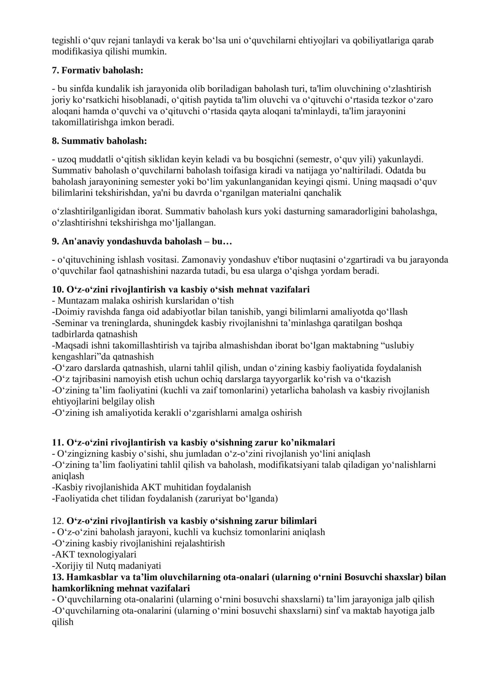 Attestatsiya kasb standarti savollari to'g'ri jaboblari bilan 2