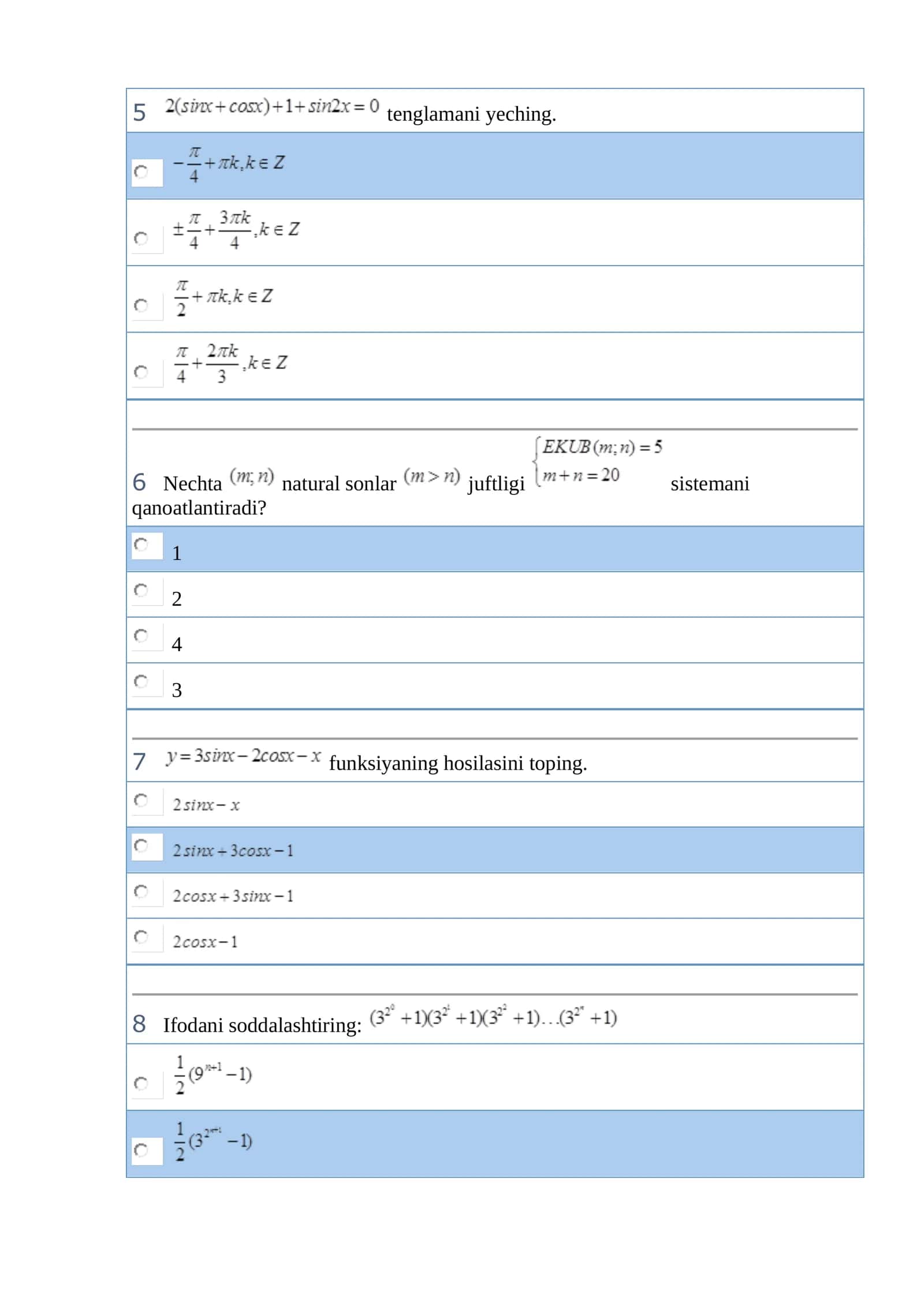 Matematika fanidan atestatsiya savollari va javoblari. 2