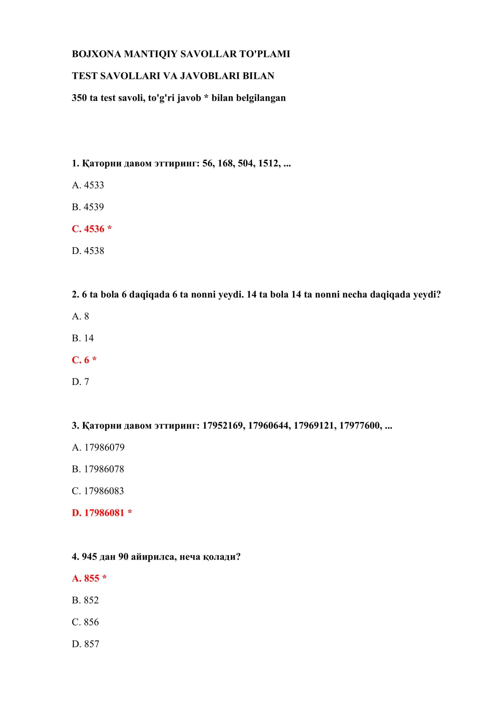 BOJXONA MANTIQIY SAVOLLAR TO'PLAMI 2