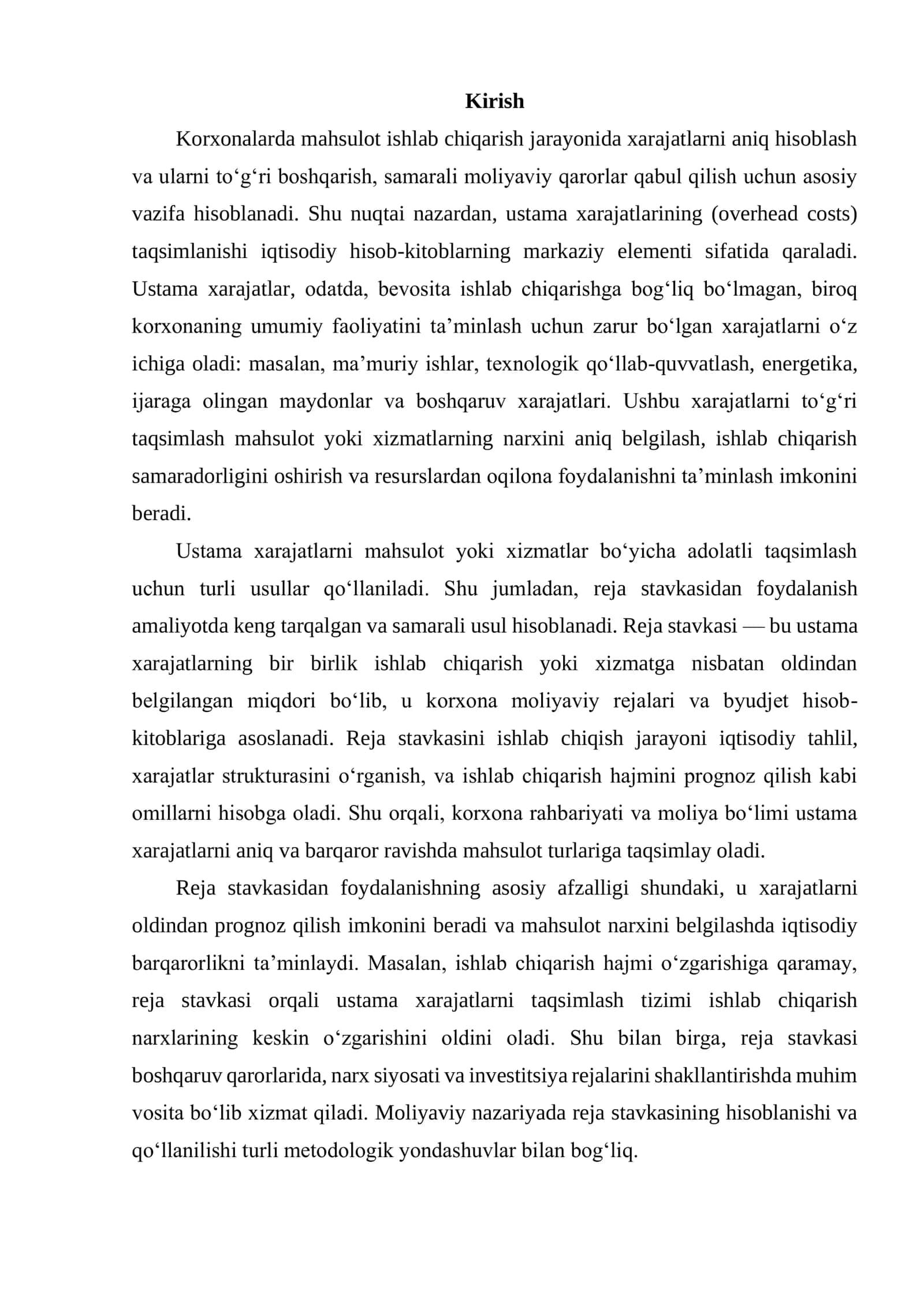 USTAMA XARAJATLARINING TAQSIMLANISHINI REJA STAVKASIDAN FOYDALANISH 2