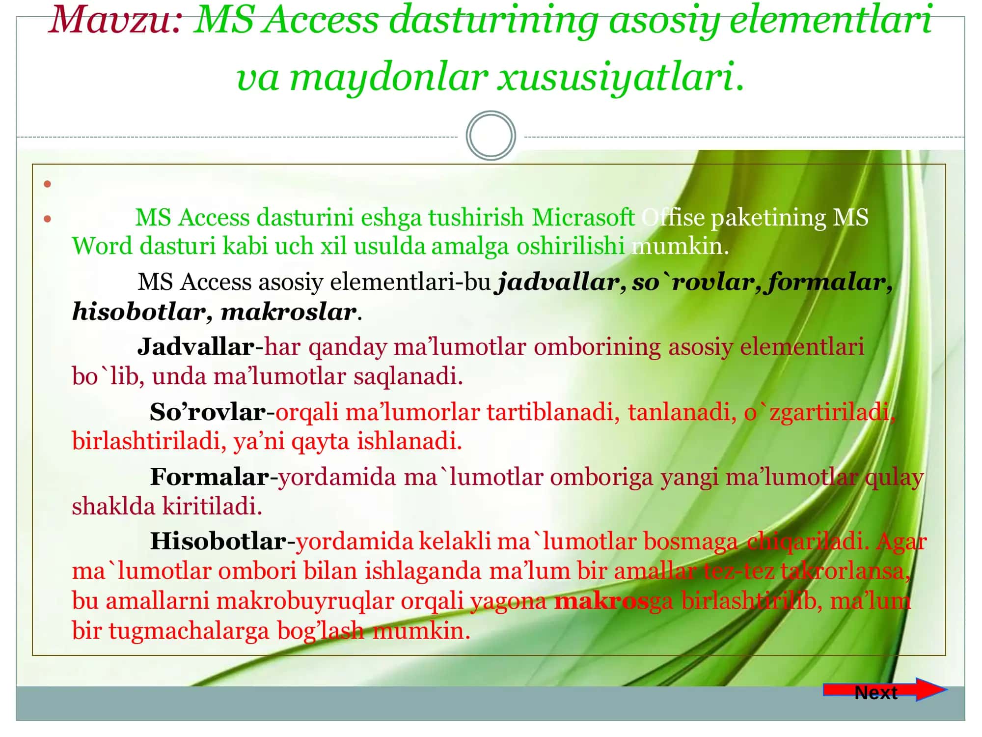 MS Access dasturining asosiy elementlari va maydonlar xususiyatlari 2