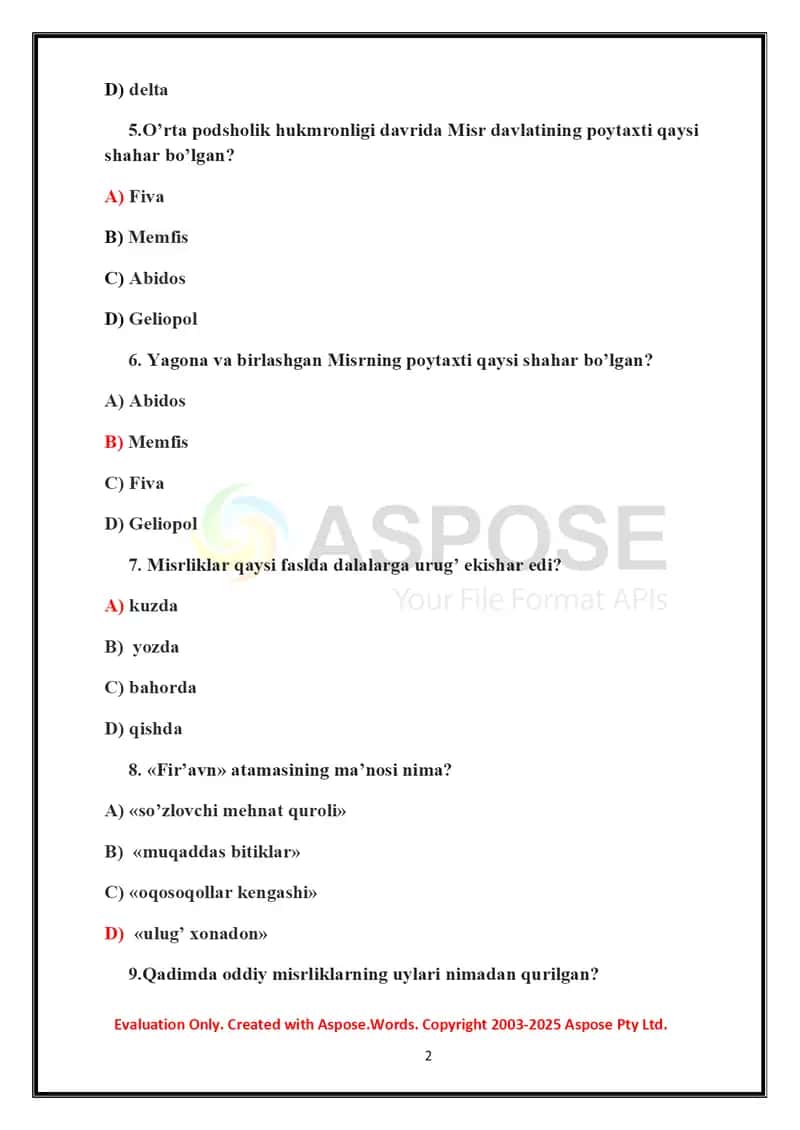 Mamlakatshunoslik fanidan test 2