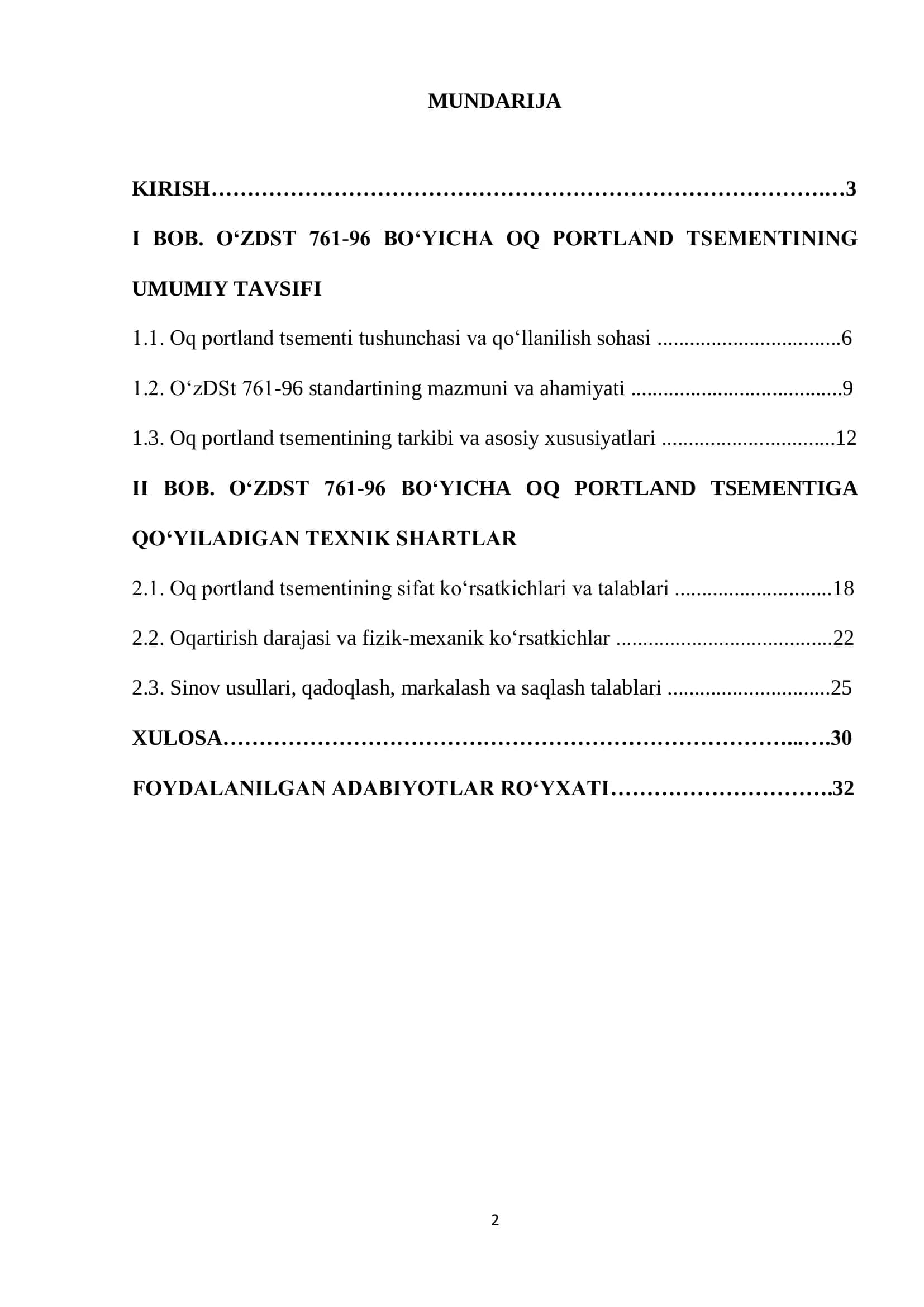 O'zDSt 761-96 Oq portland tsementi. Texnik shartlar 2