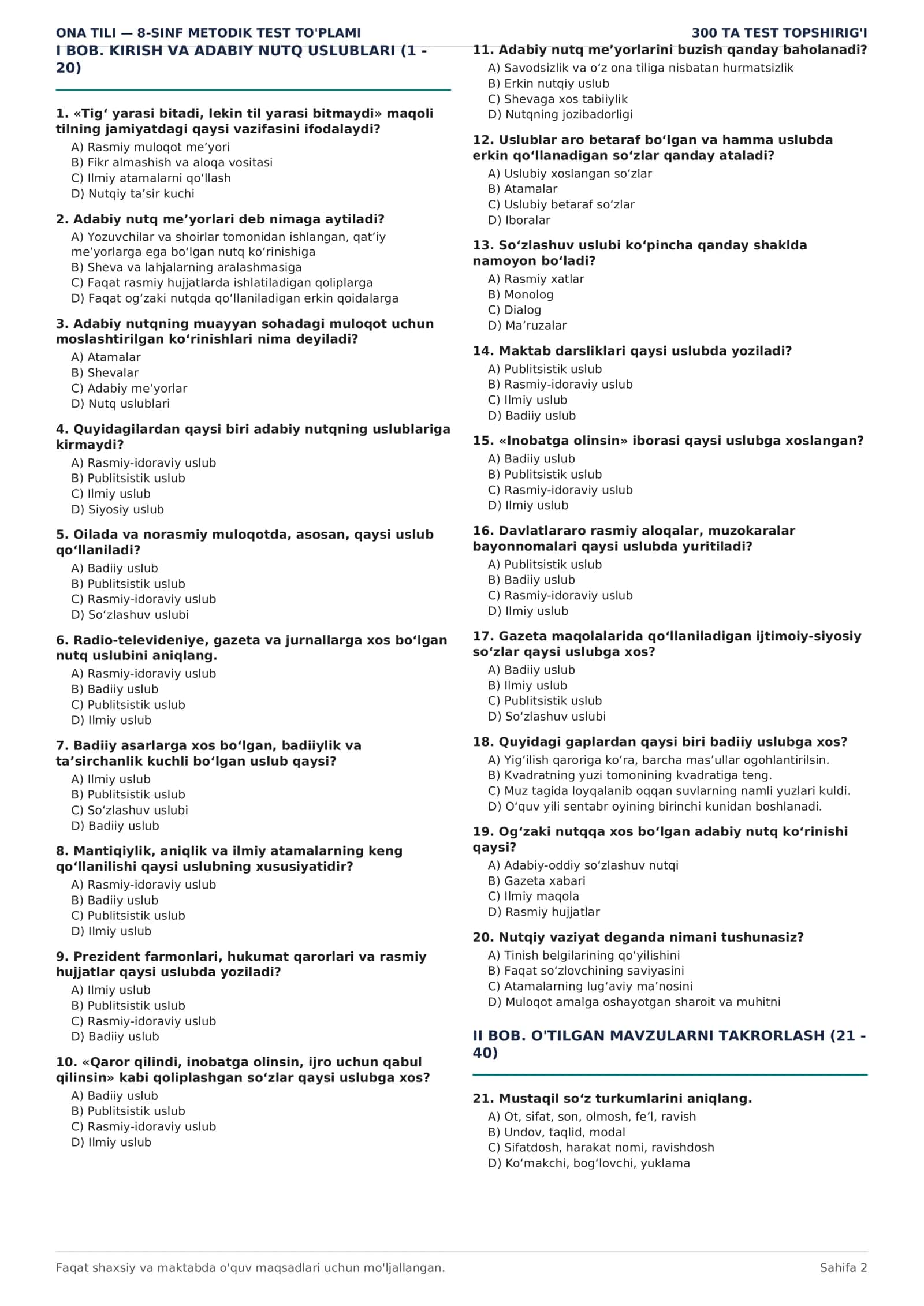 8-SINF ONA TILI | 300 TA MAVZULASHTIRILGAN TEST + JAVOBLAR KALITI | PDF 2