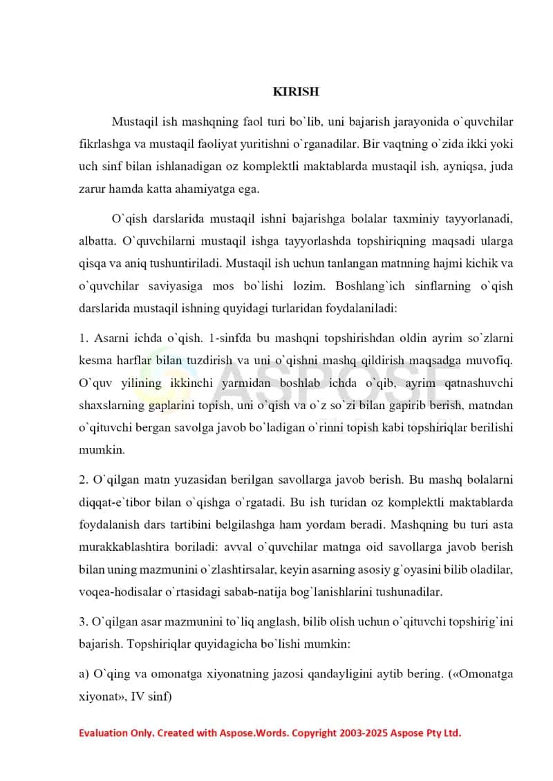 Oʻqish darslarida mustaqil ishlarni tashkil etish 2