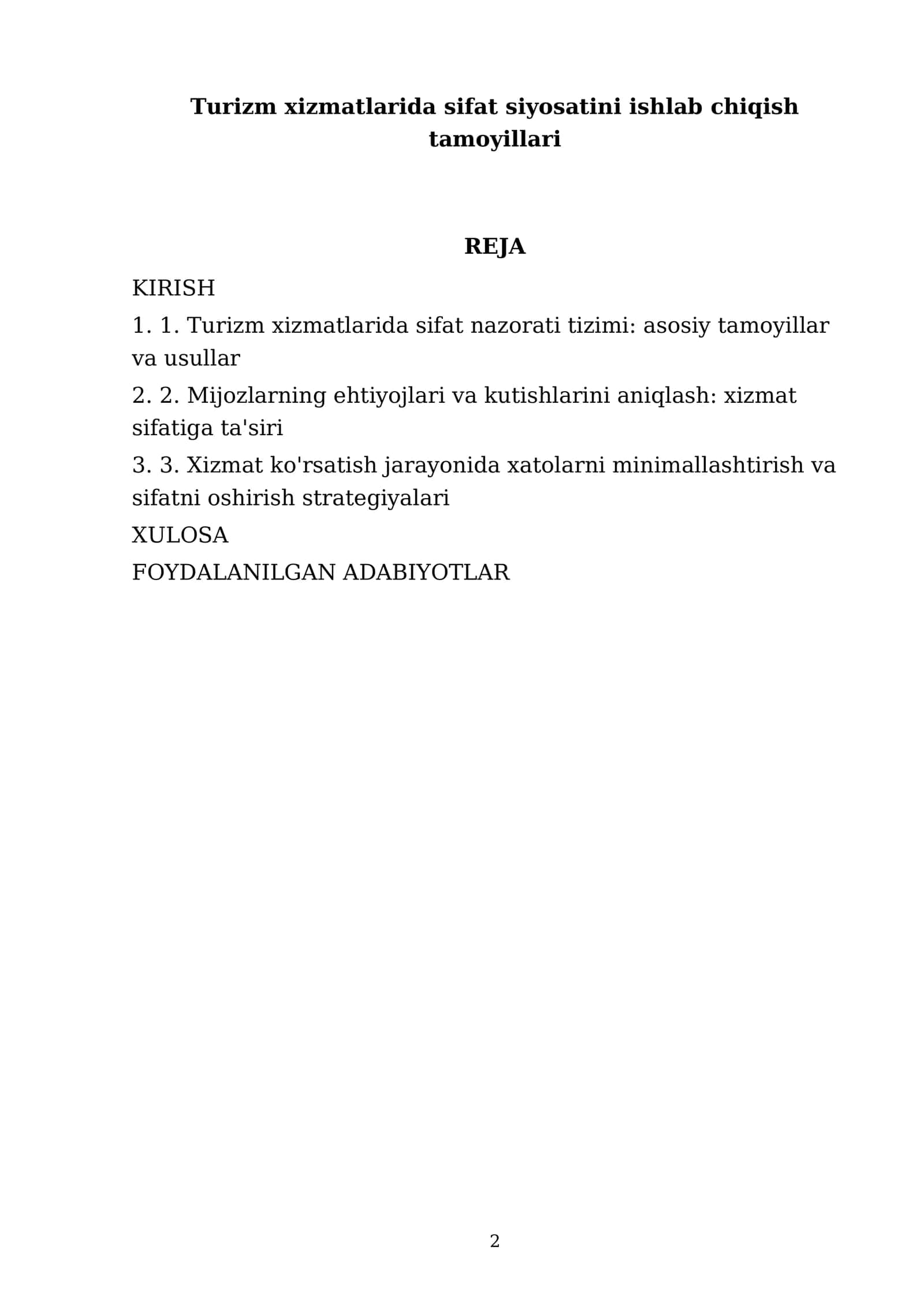Turizm xizmatlarida sifat siyosatini ishlab chiqish tamoyillari 2