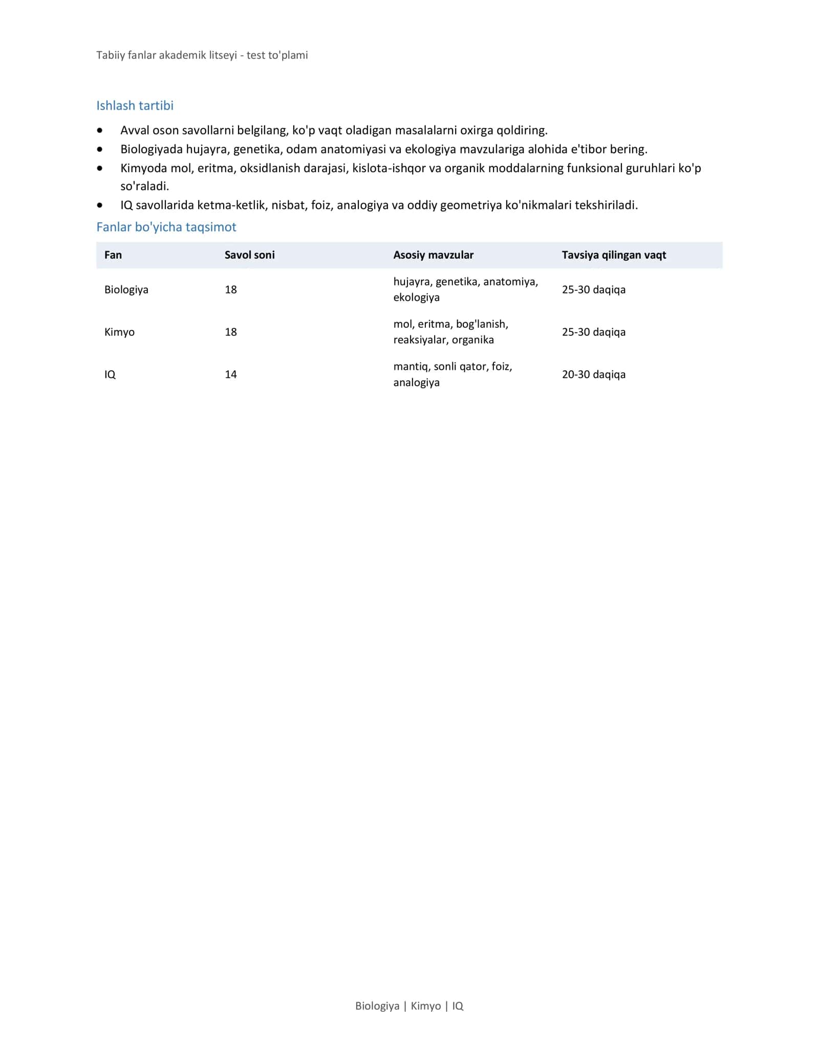 Tabiiy fanlar akademik litseyi - test to'plami 2