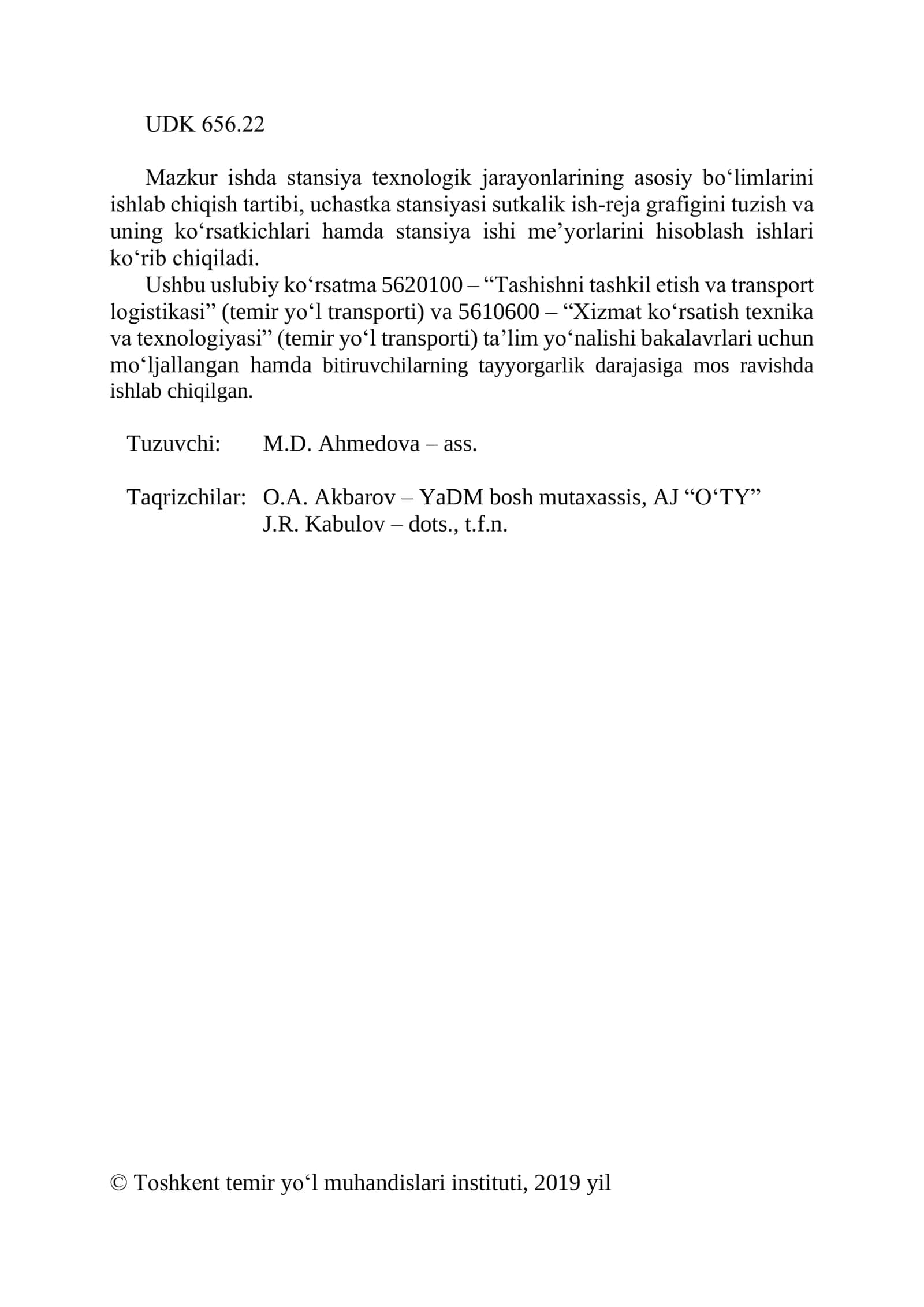 UCHASTKA STANSIYASI ISHINI TASHKIL ETISH 2