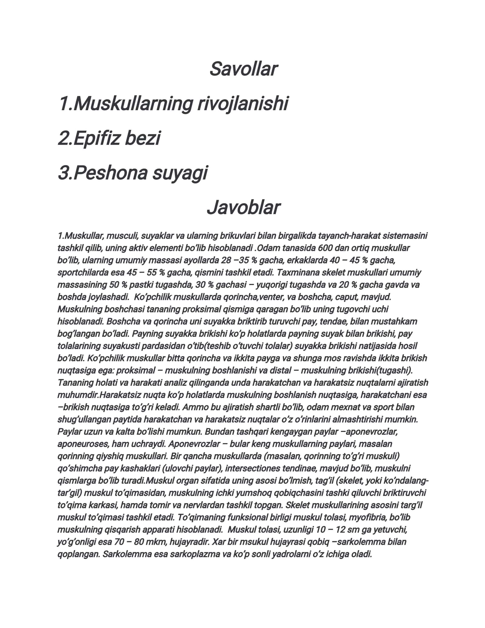 Odamanatomiyasi fanidan Oraliq nazorat 2