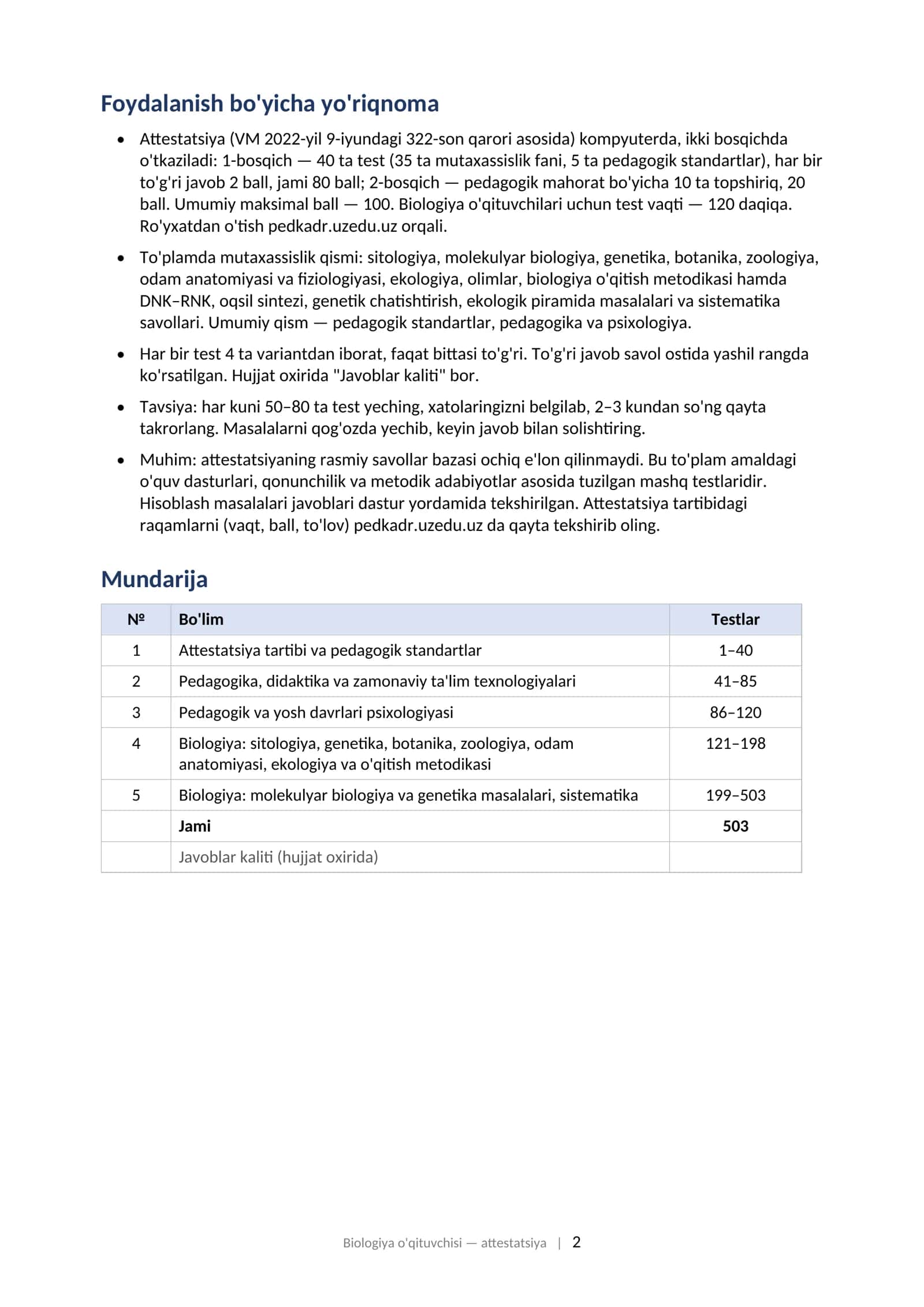BIOLOGIYA O'QITUVCHISI attestatsiyasi uchun test savollari to'plami (2025–2026) 503 ta test • 2