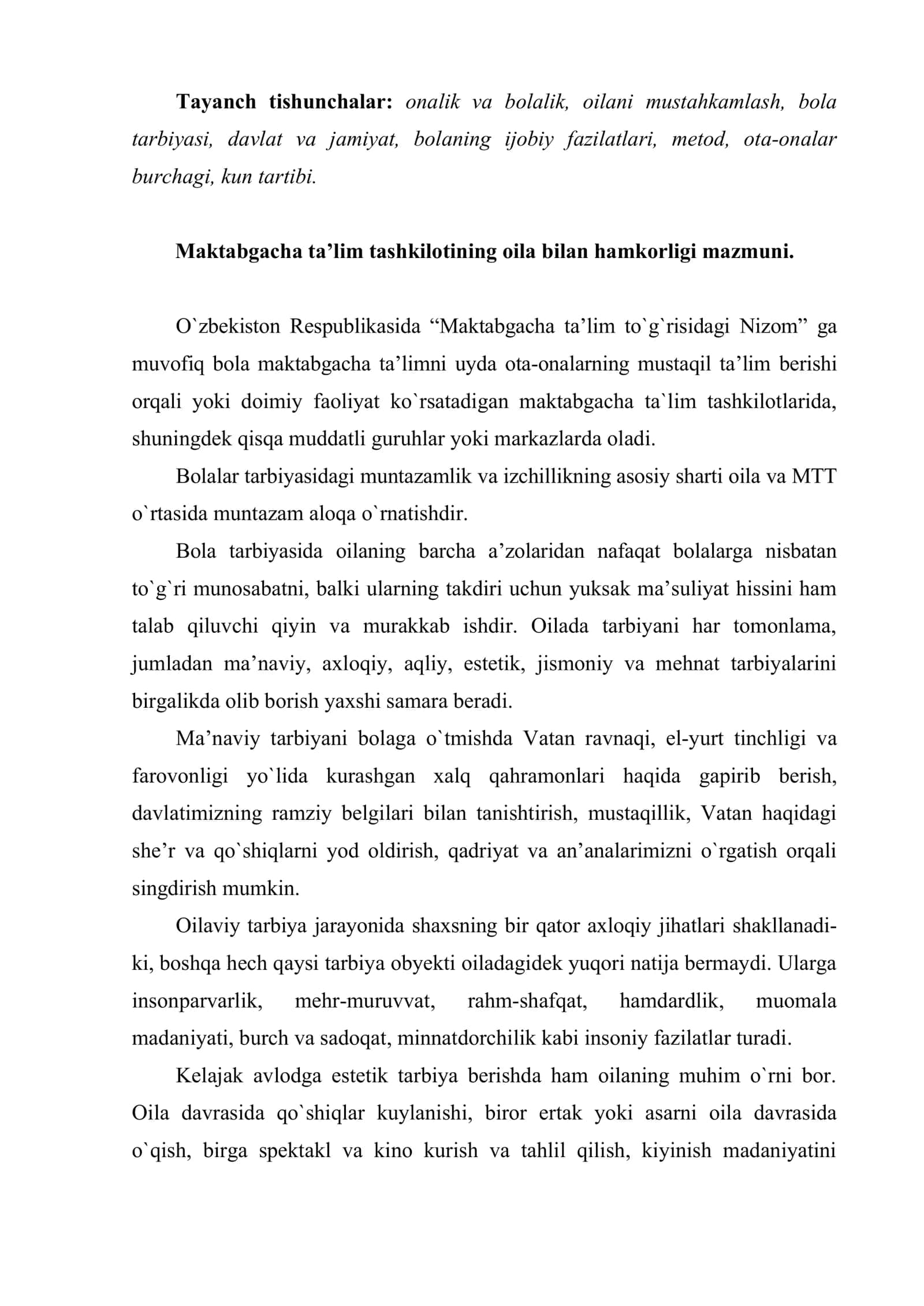 Maktabgacha ta’lim muassasasi, oila va maktab hamkorligi 2