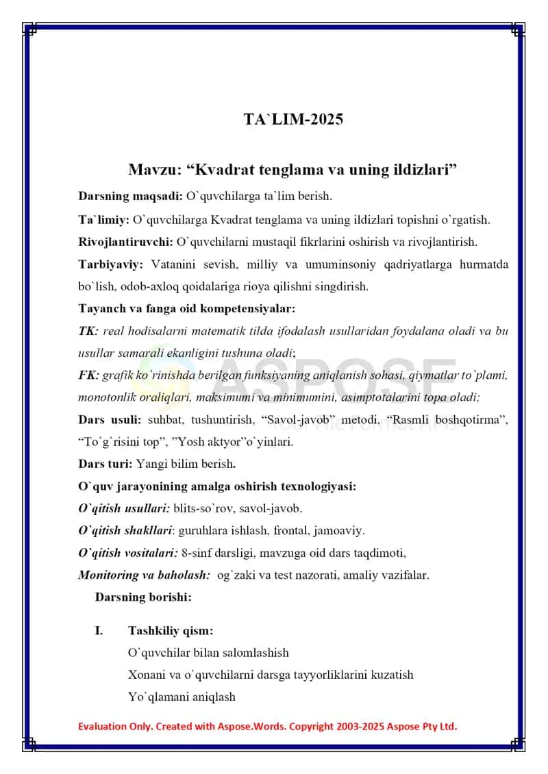 Dars ishlanma MATEMATIKA Kvadrat tenglama 2