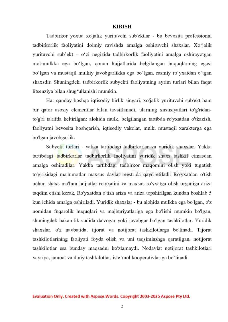 Tadbirkorlik faoliyati subyektlari taqdimoti 2
