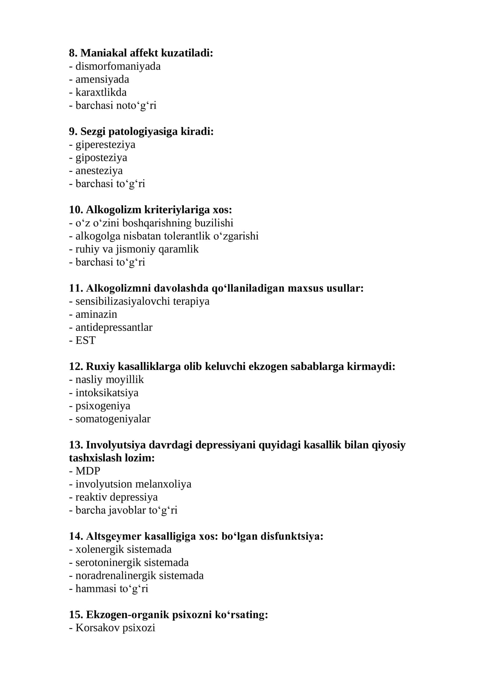 Sud-psixiatriya ekspertizasi mutaxassisligi bo'yicha testlar 2