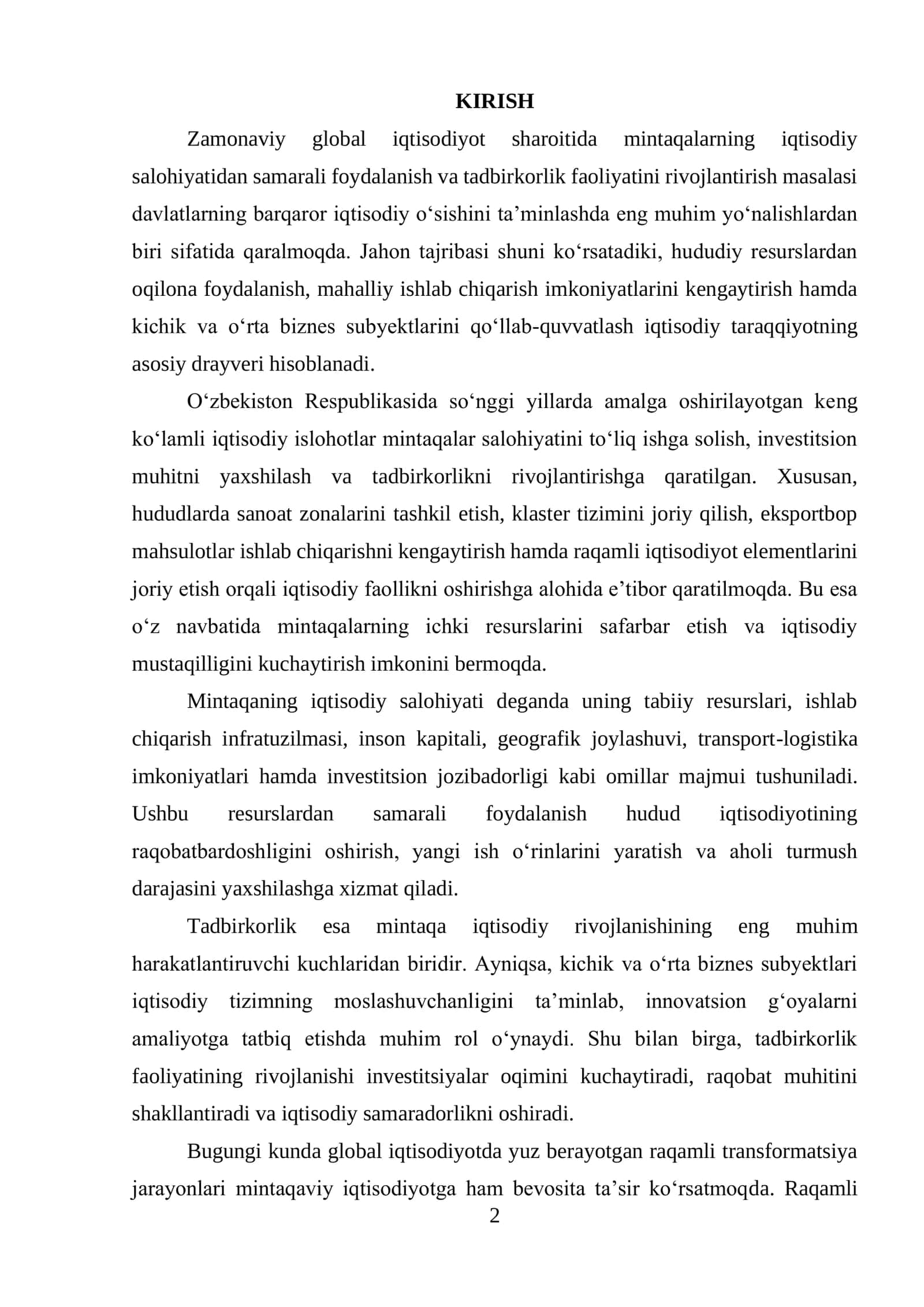 Mintaqaning iqtisodiy salohiyatidan samarali foydalanish va tadbirkorlikni rivojlanish istiqbollari 2