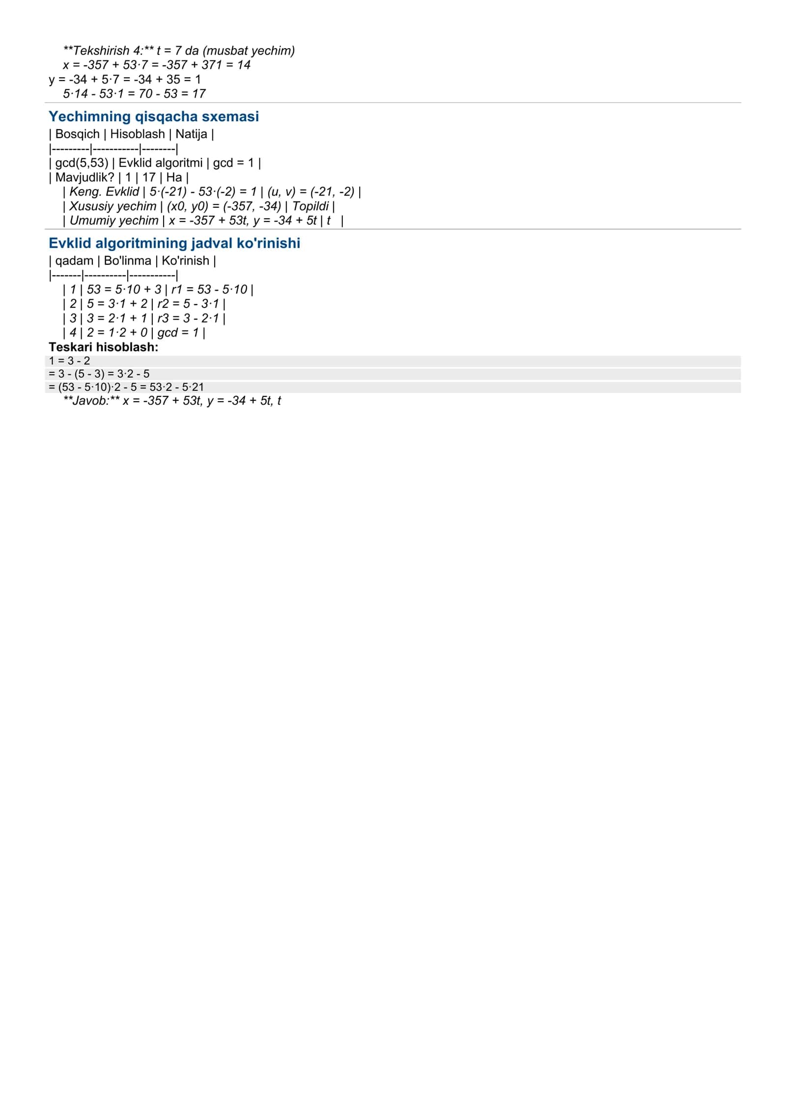 Masala: 5·x - 53·y = 17 chiziqli diafant tenglamasini yeching 2