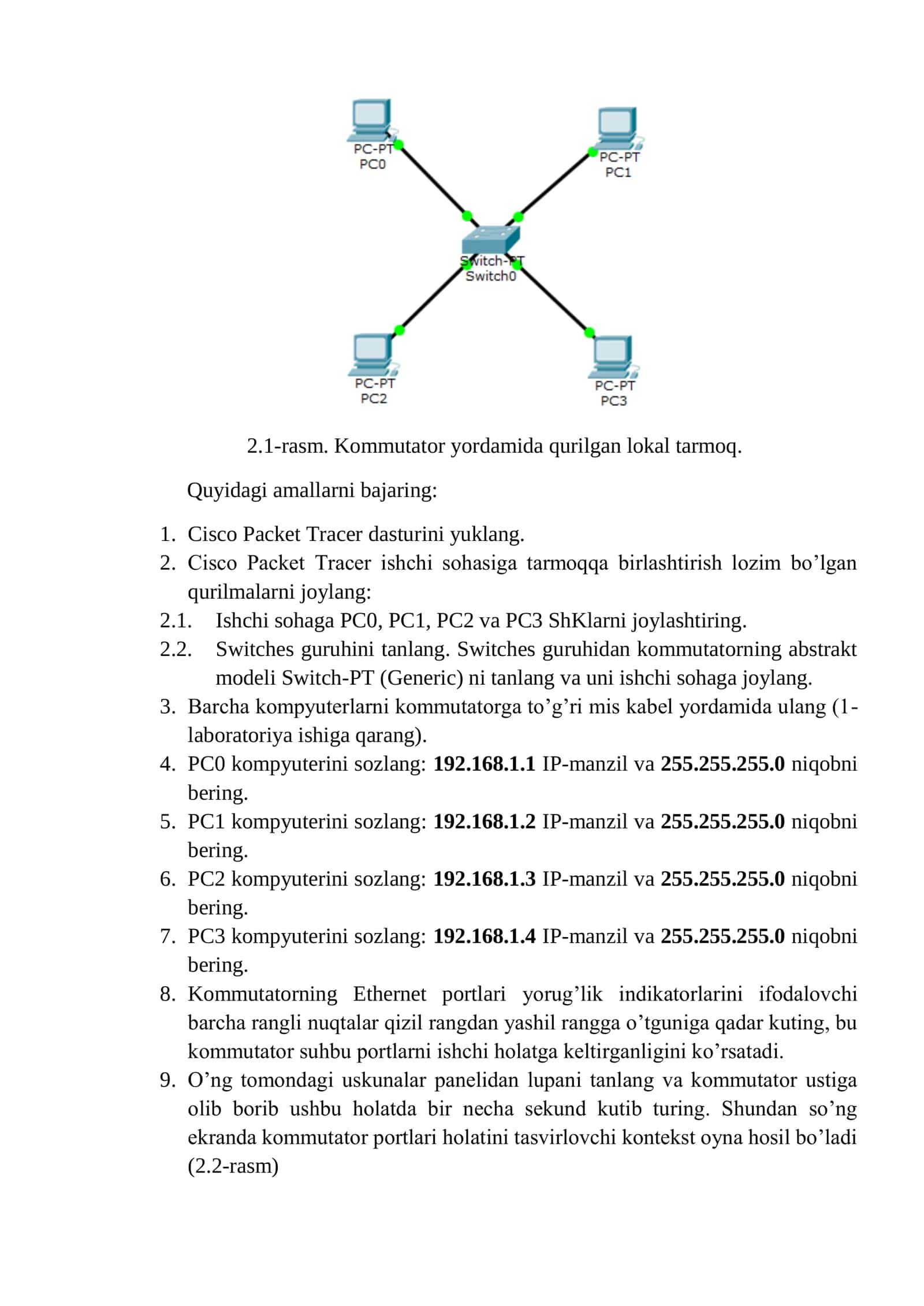 Cisco Packet Tracer dasturida LAN va VLAN tarmoqlarini qurish. 2